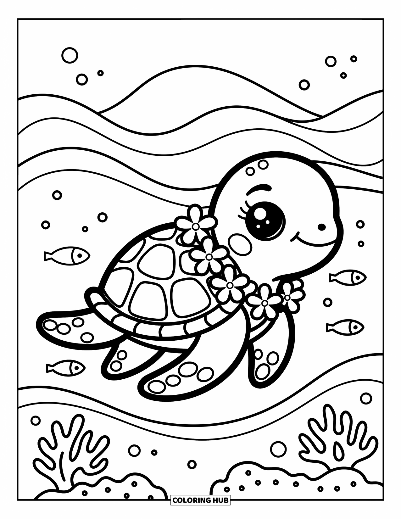 Hawaiian Coloring Page for Adults: A sea turtle with a flower lei gliding through ocean waves