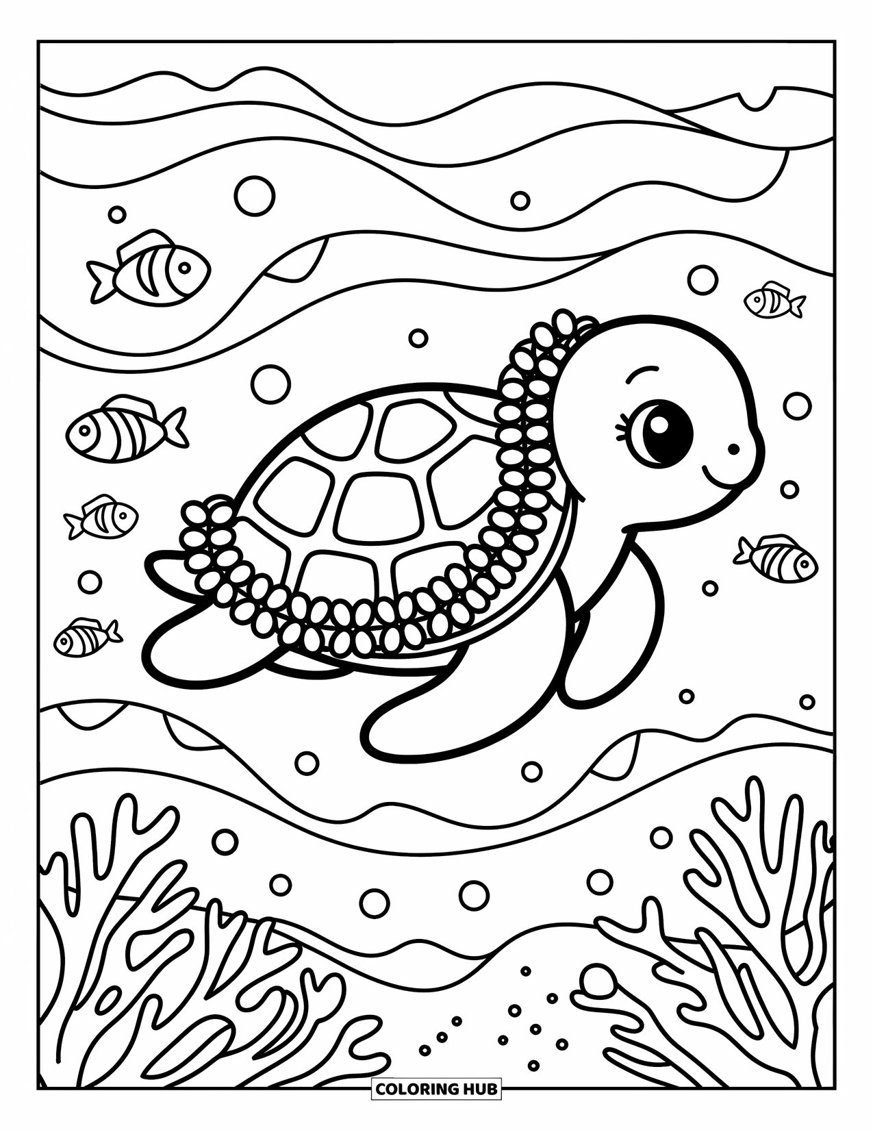 Hawaiian Coloring Page for Adults: A sea turtle with a flower lei swimming by coral reefs