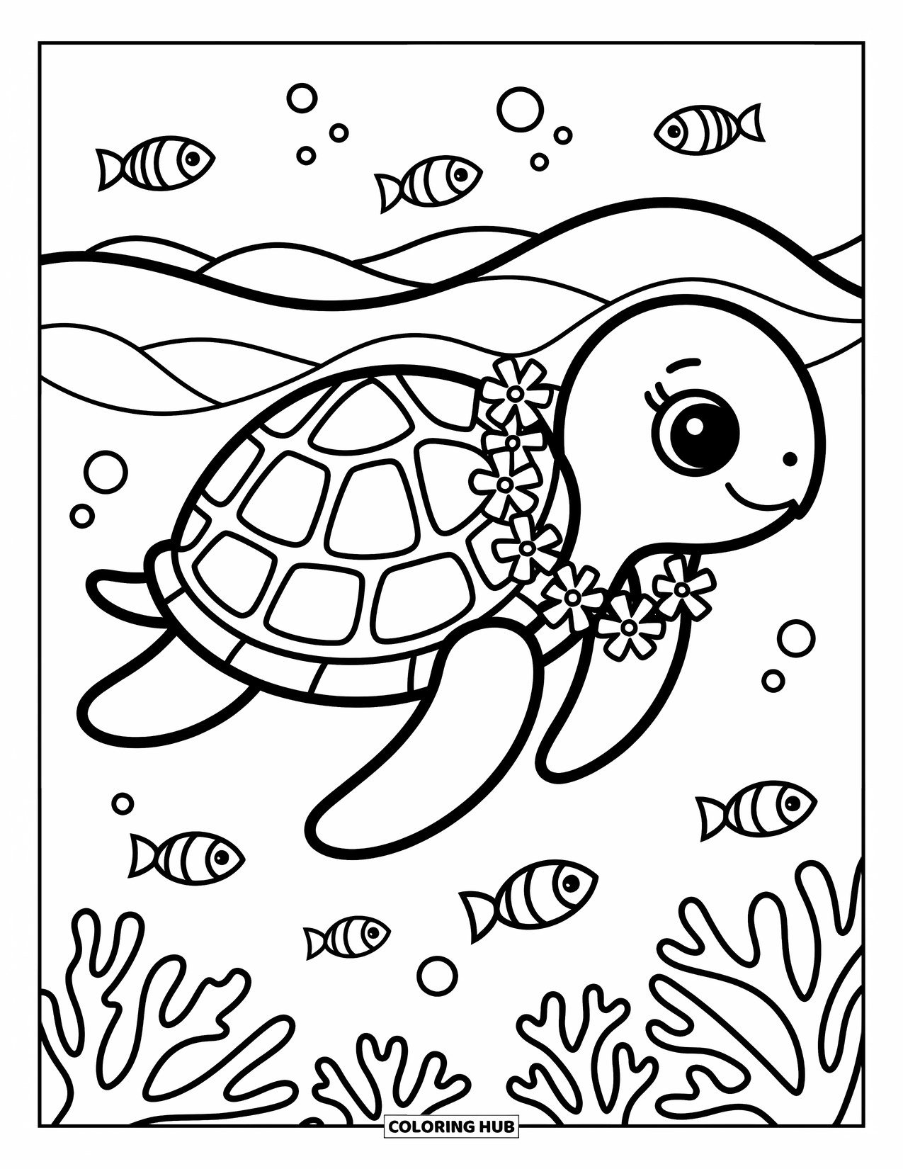 Hawaiian Coloring Page for Adults: A sea turtle with a lei surrounded by tiny fish and coral