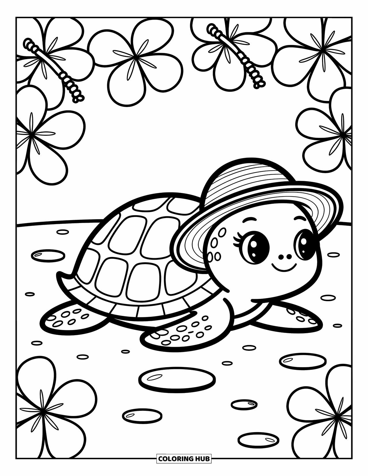 Hawaiian Coloring Page for Adults: A sea turtle with a straw hat on a sandy beach