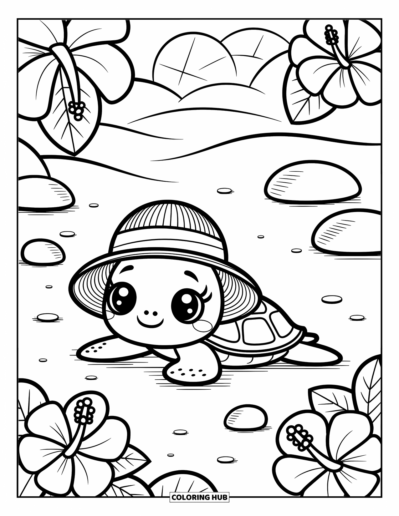 Hawaiian Coloring Page for Adults: A sea turtle with a tiny straw hat resting on the beach
