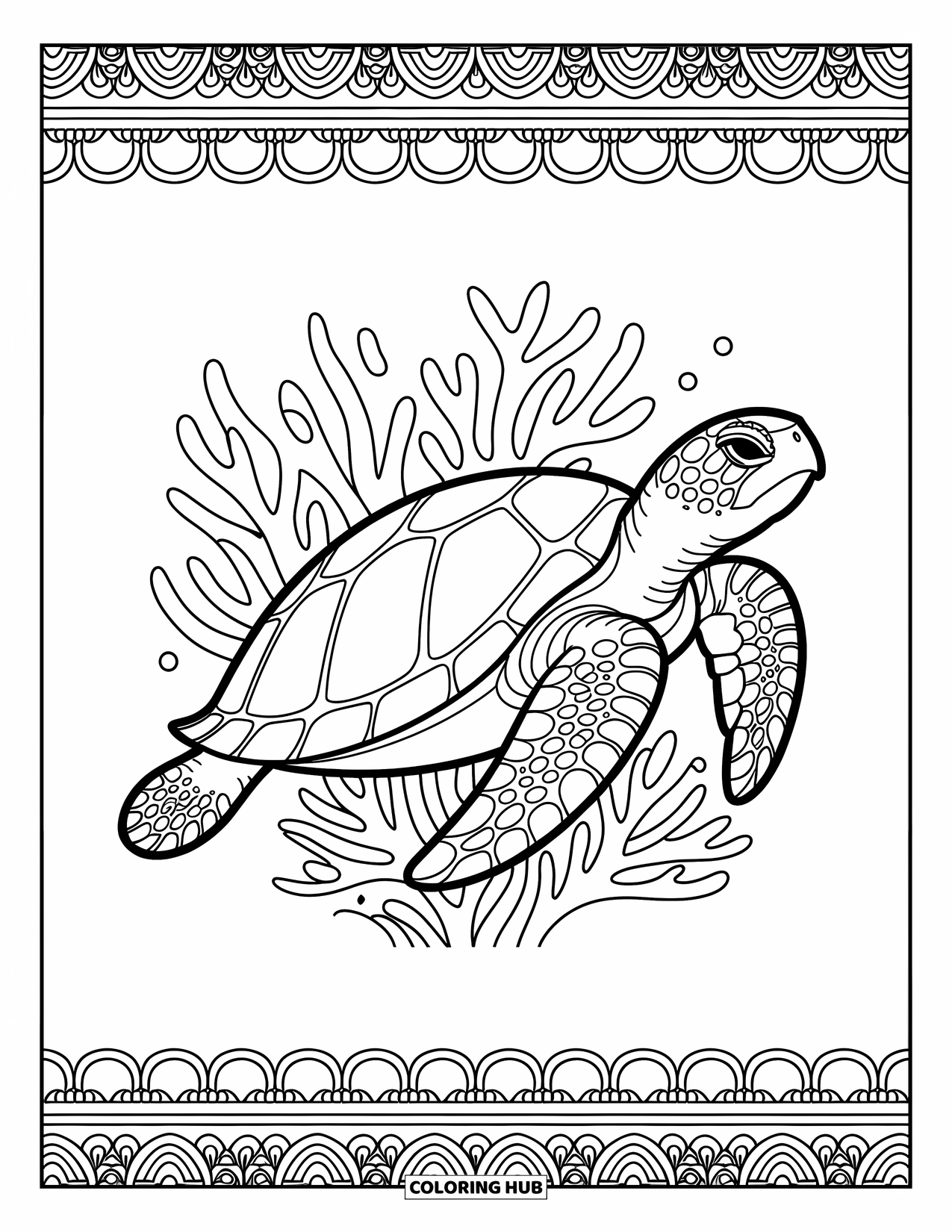 Hawaiian Coloring Page for Adults: A sea turtle with detailed coral and ocean designs