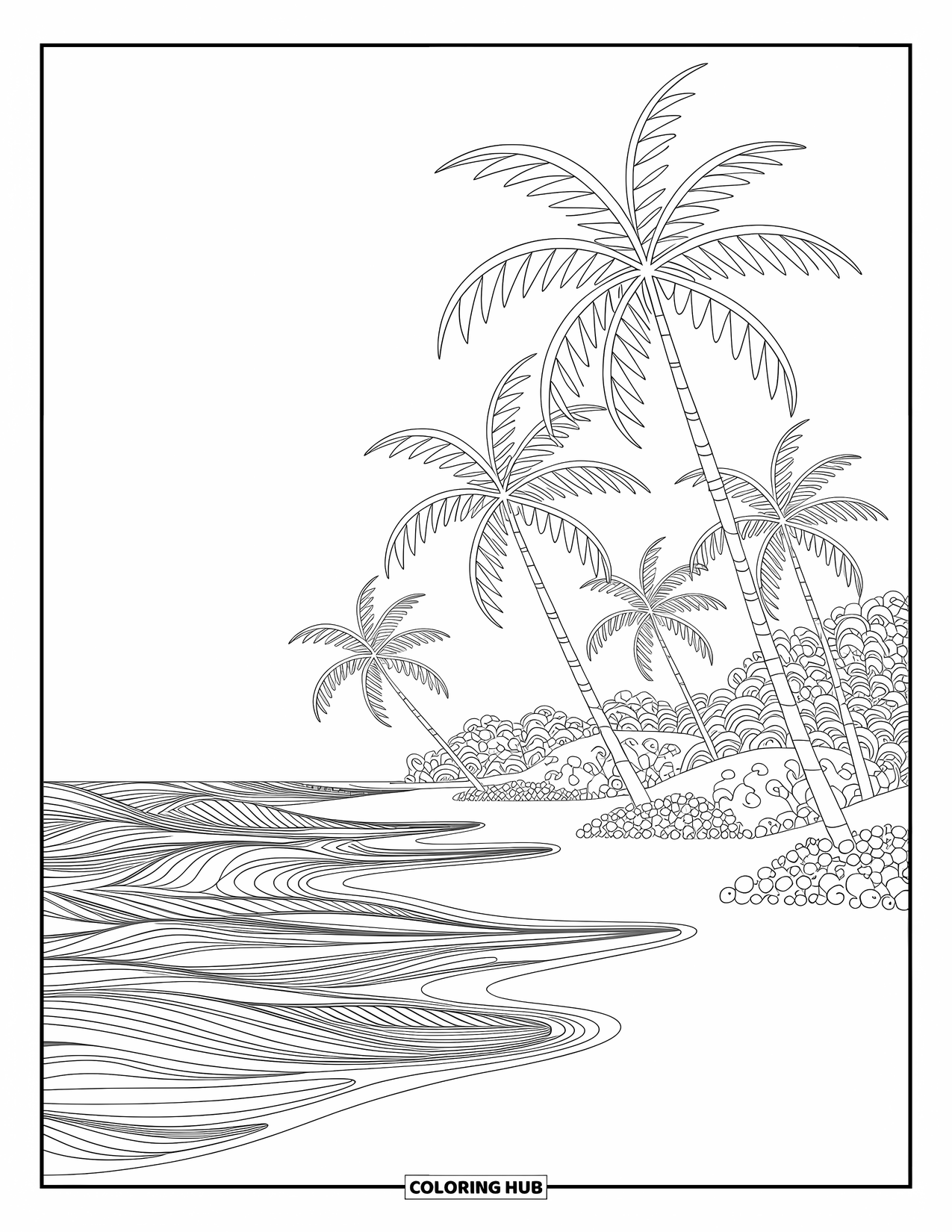 Hawaiian Coloring Page for Adults: A serene Hawaiian beach with swaying palm trees and waves