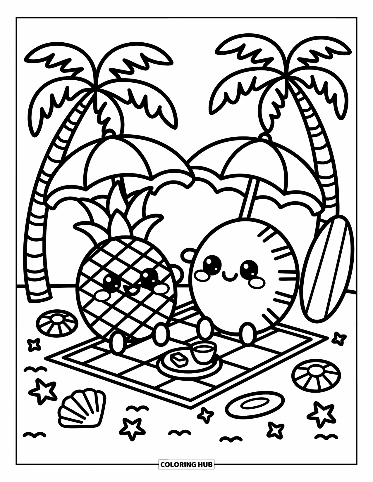 Hawaiian Coloring Page for Adults: A smiling pineapple and coconut with tiny umbrellas on the beach
