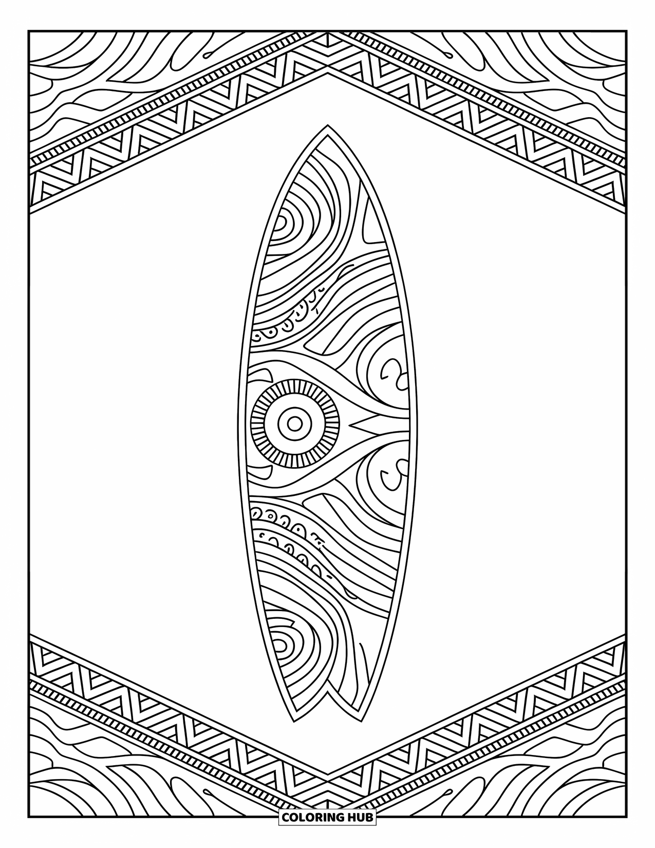 Hawaiian Coloring Page for Adults: A surfboard adorned with intricate tribal and wave patterns