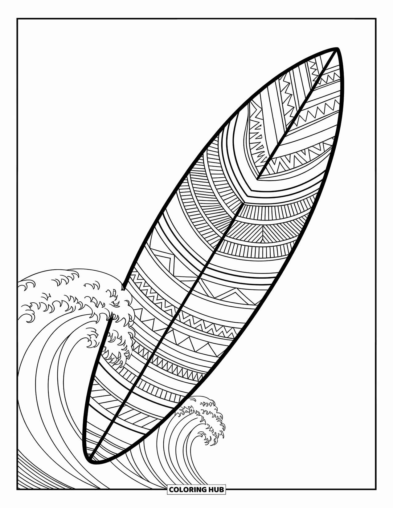 Hawaiian Coloring Page for Adults: A surfboard decorated with tribal patterns and waves