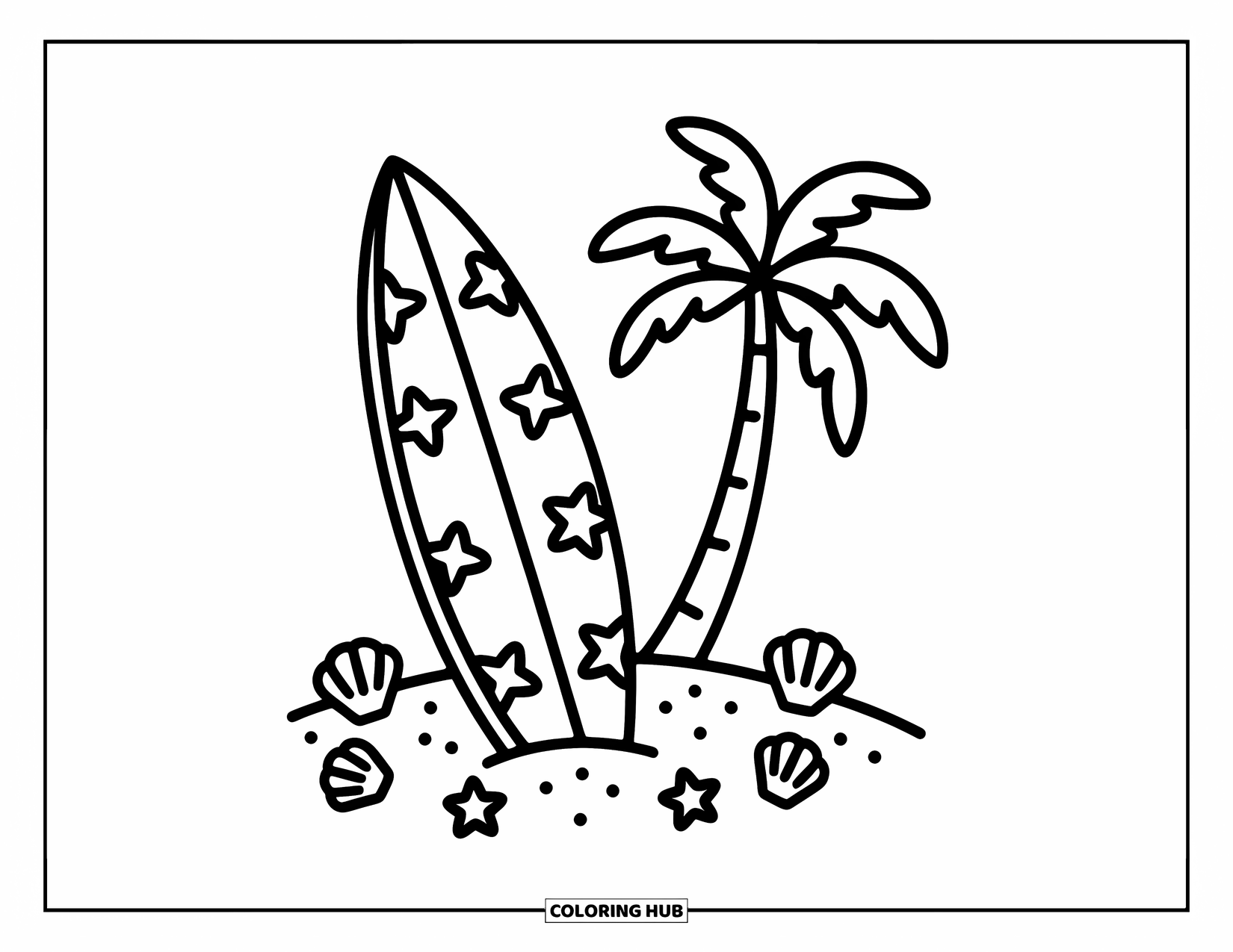 Hawaiian Coloring Page for Adults: A surfboard with Hawaiian patterns surrounded by seashells and a palm tree