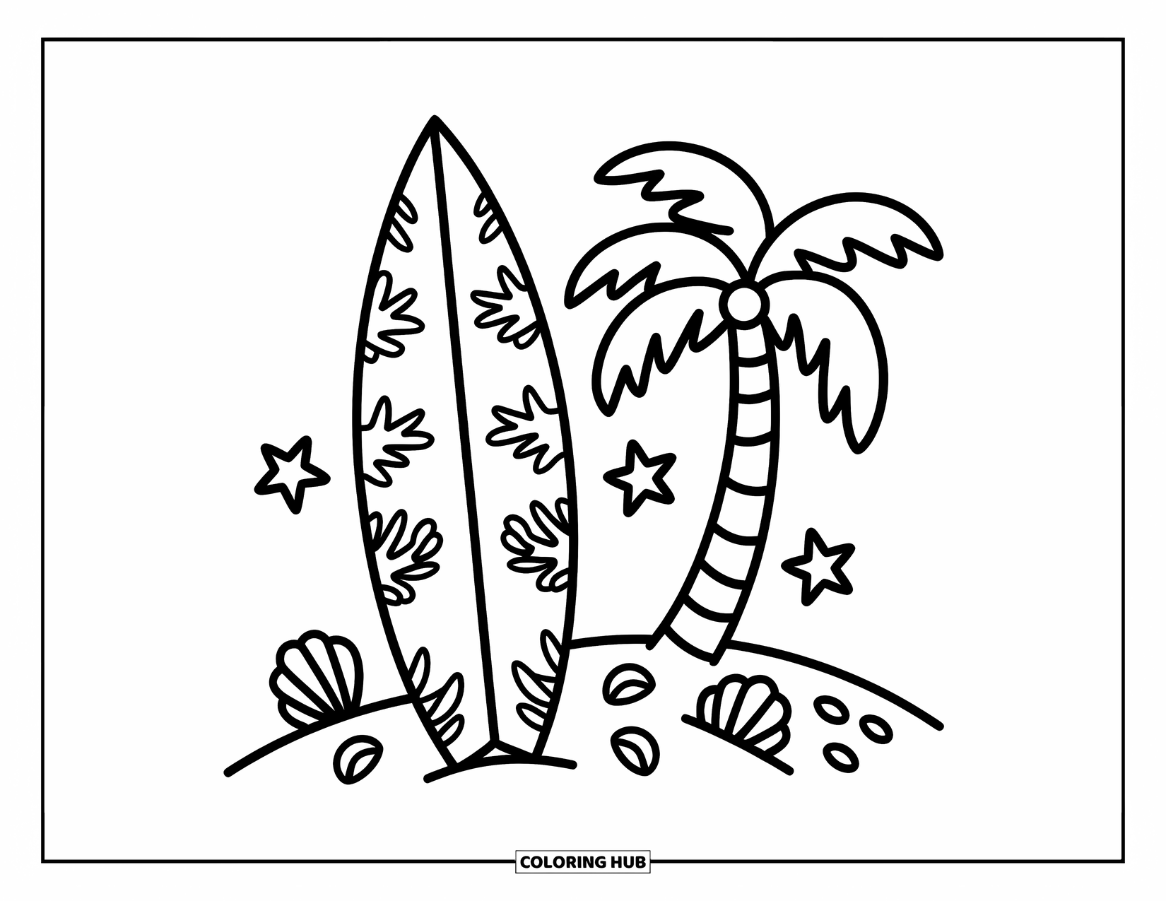 Hawaiian Coloring Page for Adults: A surfboard with patterns leaning by a palm tree and seashells