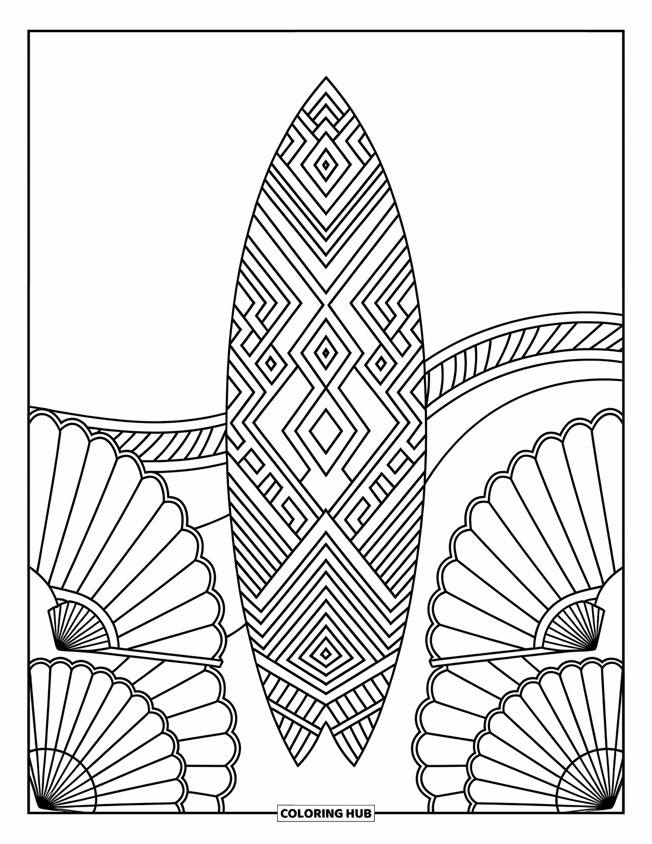 Hawaiian Coloring Page for Adults: A surfboard with tribal designs and ocean waves