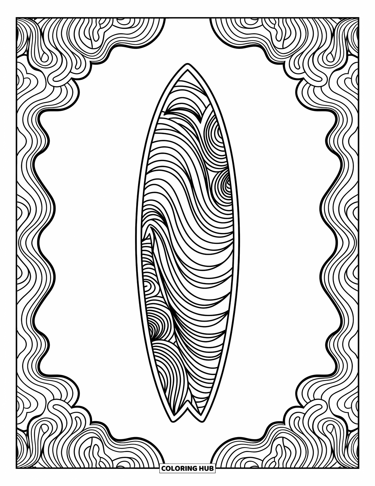Hawaiian Coloring Page for Adults: A surfboard with tribal patterns and ocean wave motifs
