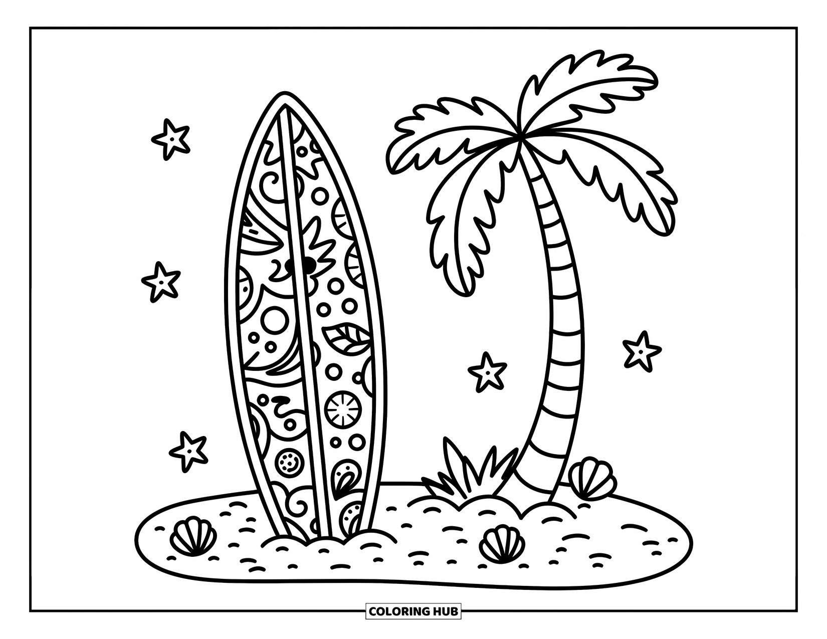 Hawaiian Coloring Page for Adults: A surfboard with tropical patterns and tiny seashells around it