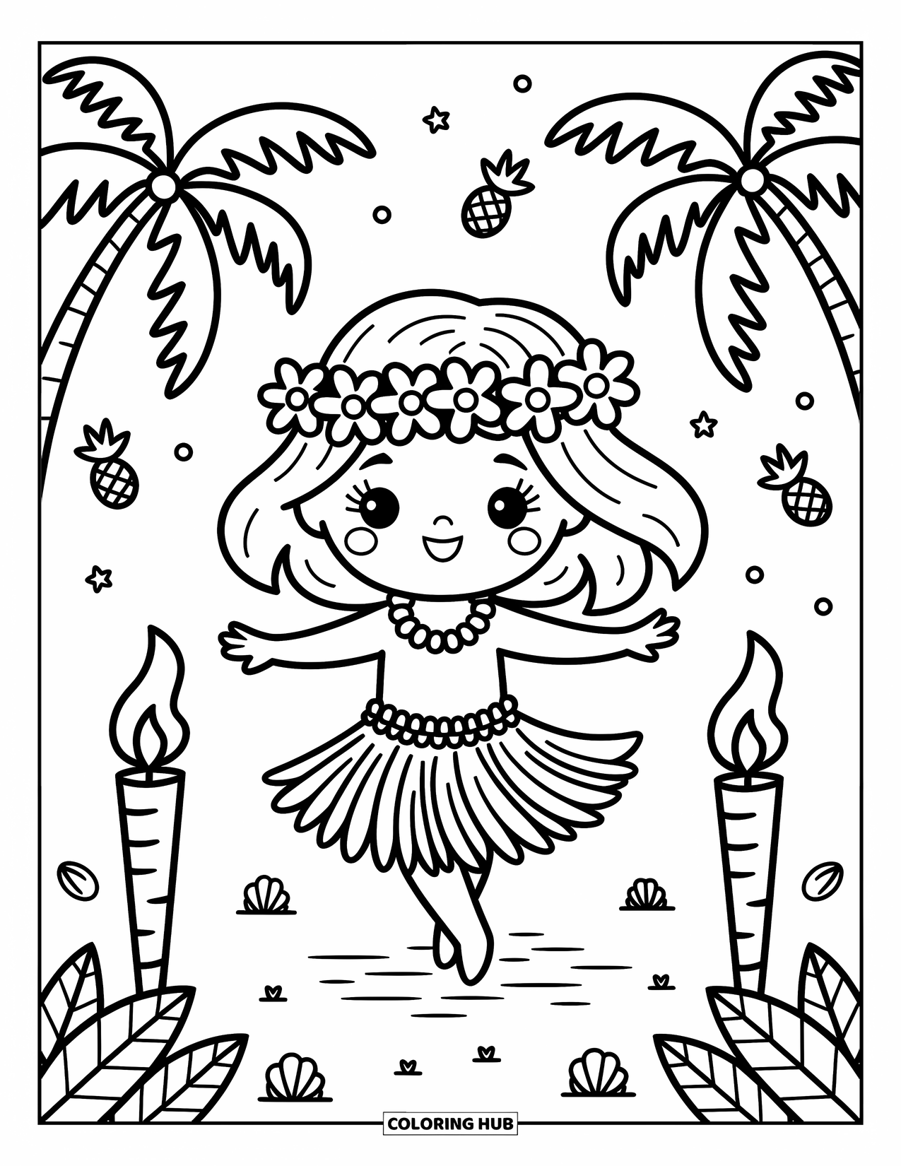 Hawaiian Coloring Page for Adults: A twirling hula dancer surrounded by palm trees and flowers
