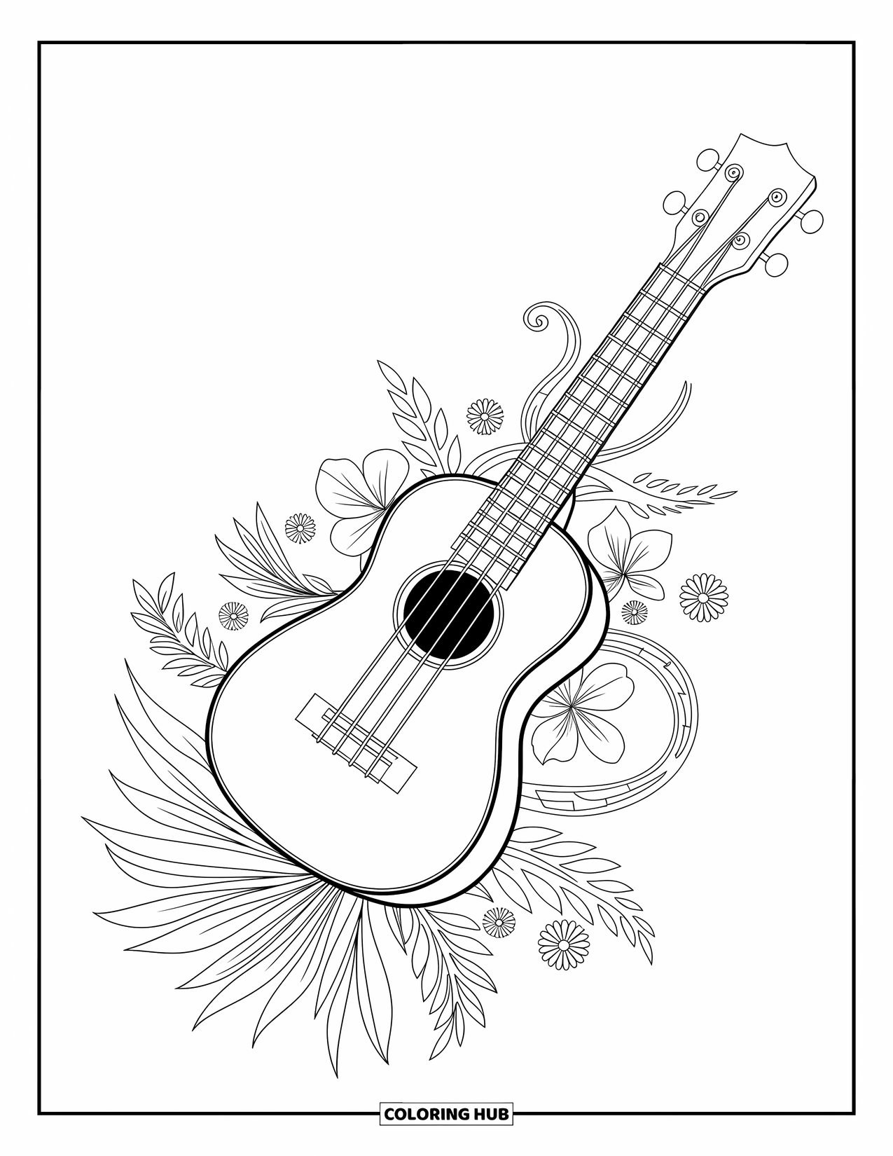 Hawaiian Coloring Page for Adults: A ukulele encircled by vines and detailed flowers
