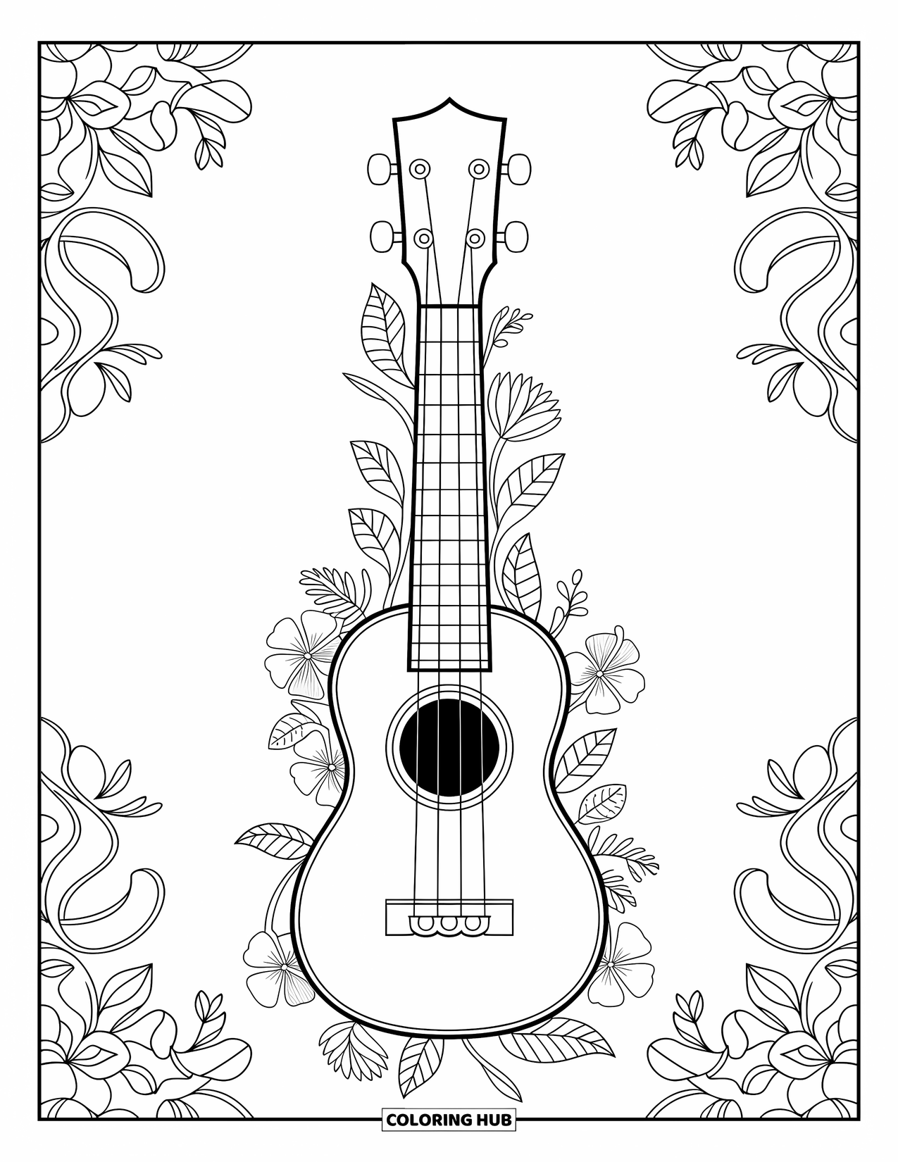 Hawaiian Coloring Page for Adults: A ukulele surrounded by swirling vines and tropical flowers