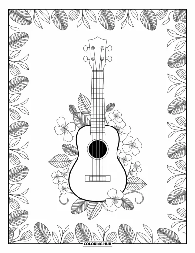 Hawaiisk fargeleggingsark for voksne: En ukulele med virvlende lianer og blomster rundt seg