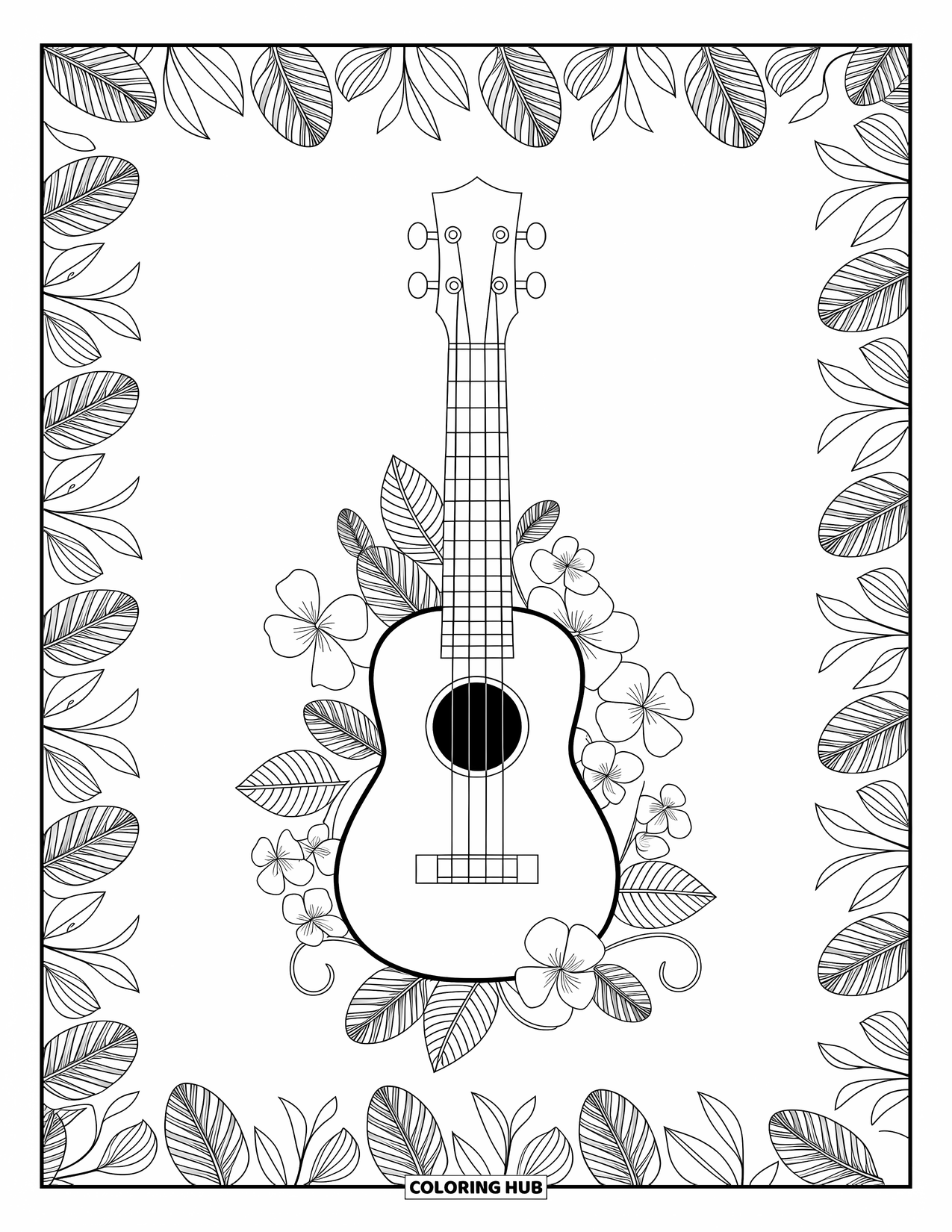 Hawaiian Coloring Page for Adults: A ukulele with swirling vines and flowers around it