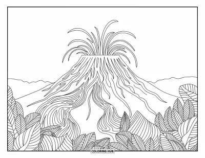 Hawaiisk fargeleggingsark for voksne: En vulkan i utbrudd med detaljert lava og omkringliggende planter