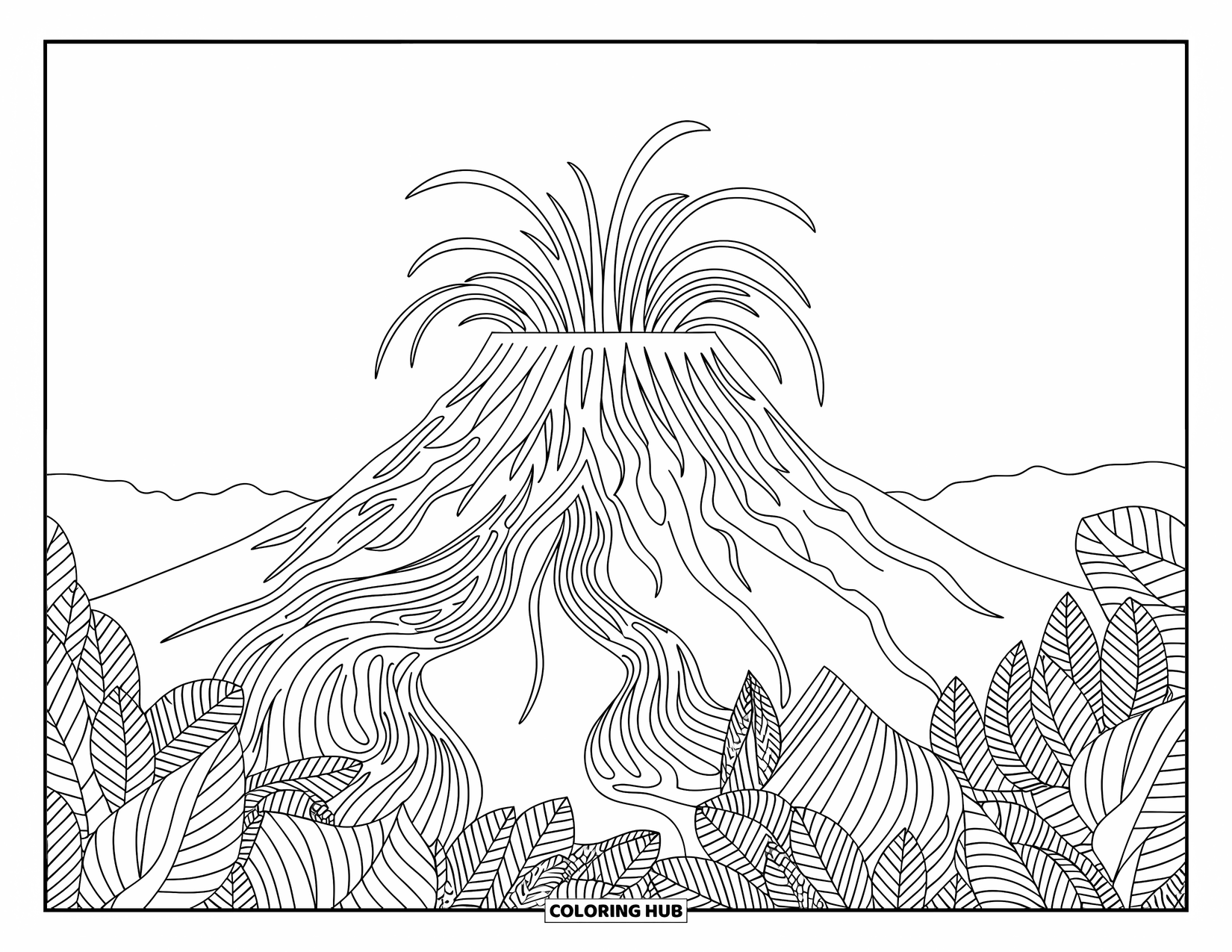 Hawaiian Coloring Page for Adults: A volcano erupting with detailed lava and surrounding plants