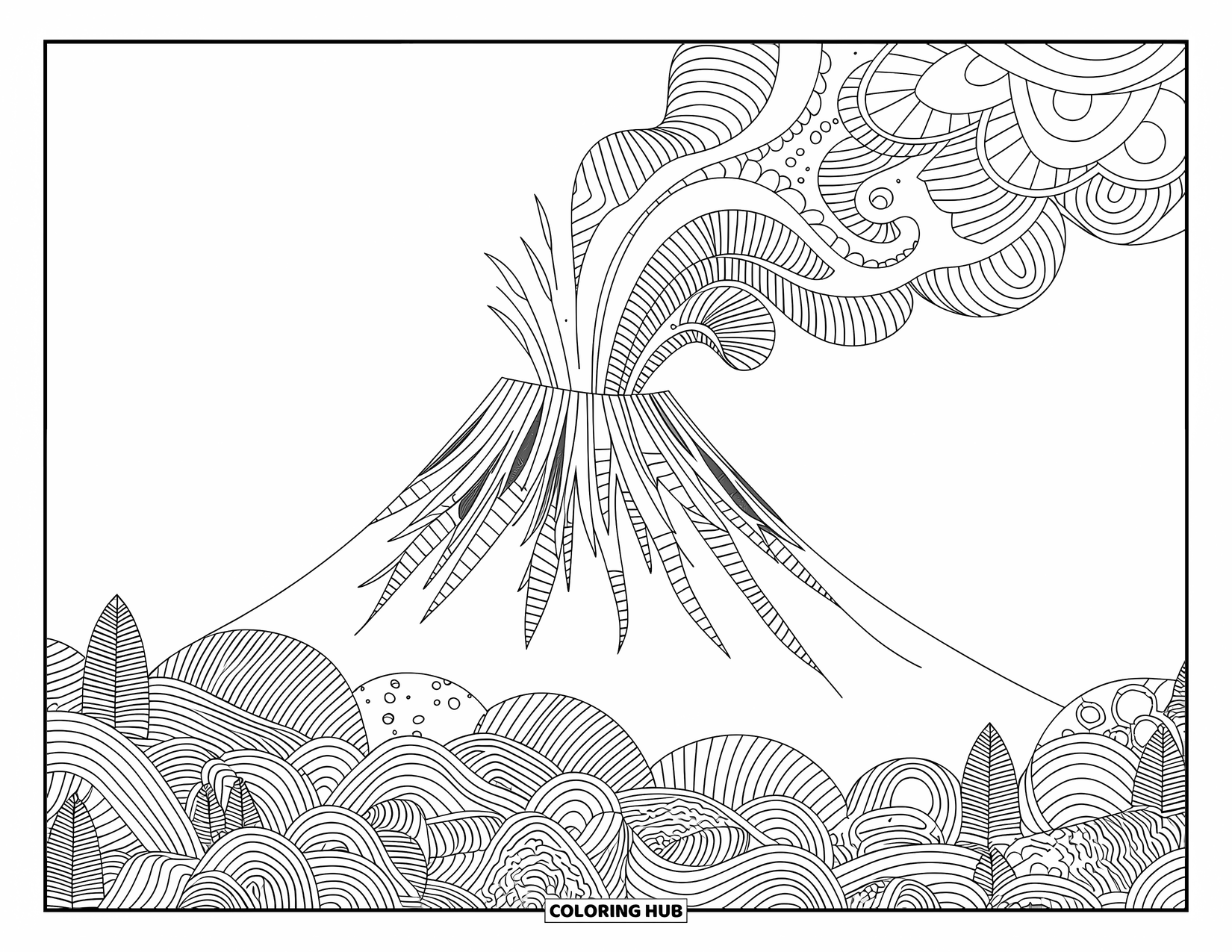 Hawaiian Coloring Page for Adults: A volcano erupting with intricate lava flows and foliage