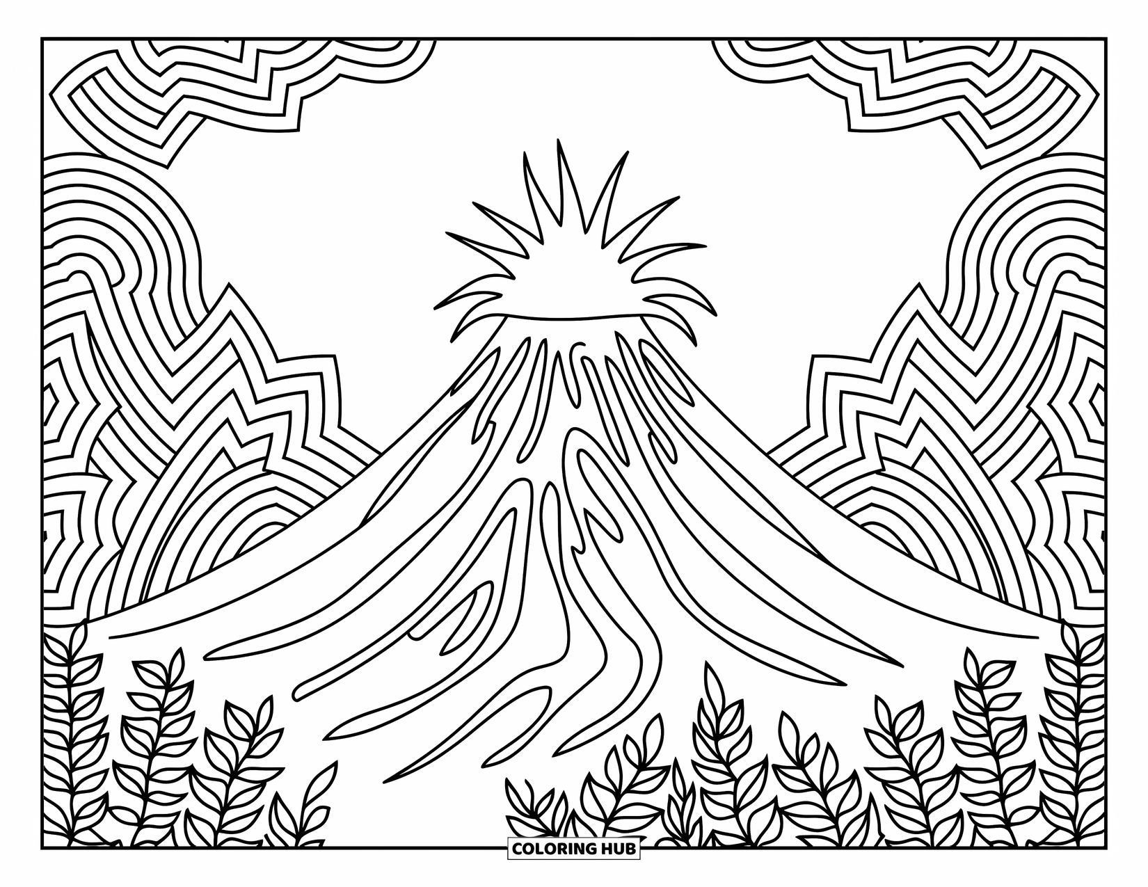 Hawaiian Coloring Page for Adults: A volcano with intricate lava flows and foliage patterns