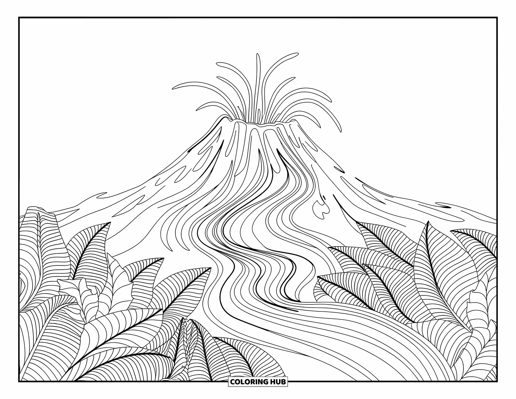 Hawaiian Coloring Page for Adults: An erupting volcano with detailed lava and lush foliage