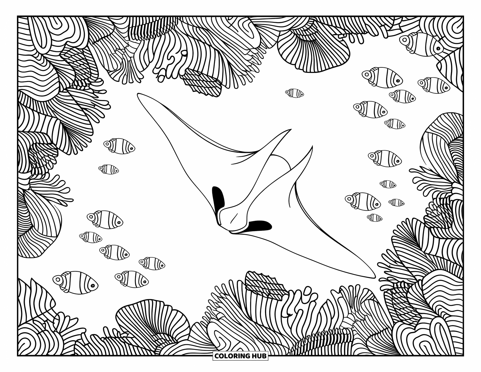 Hawaiian Coloring Page for Adults: Manta rays and vibrant corals in a detailed underwater world