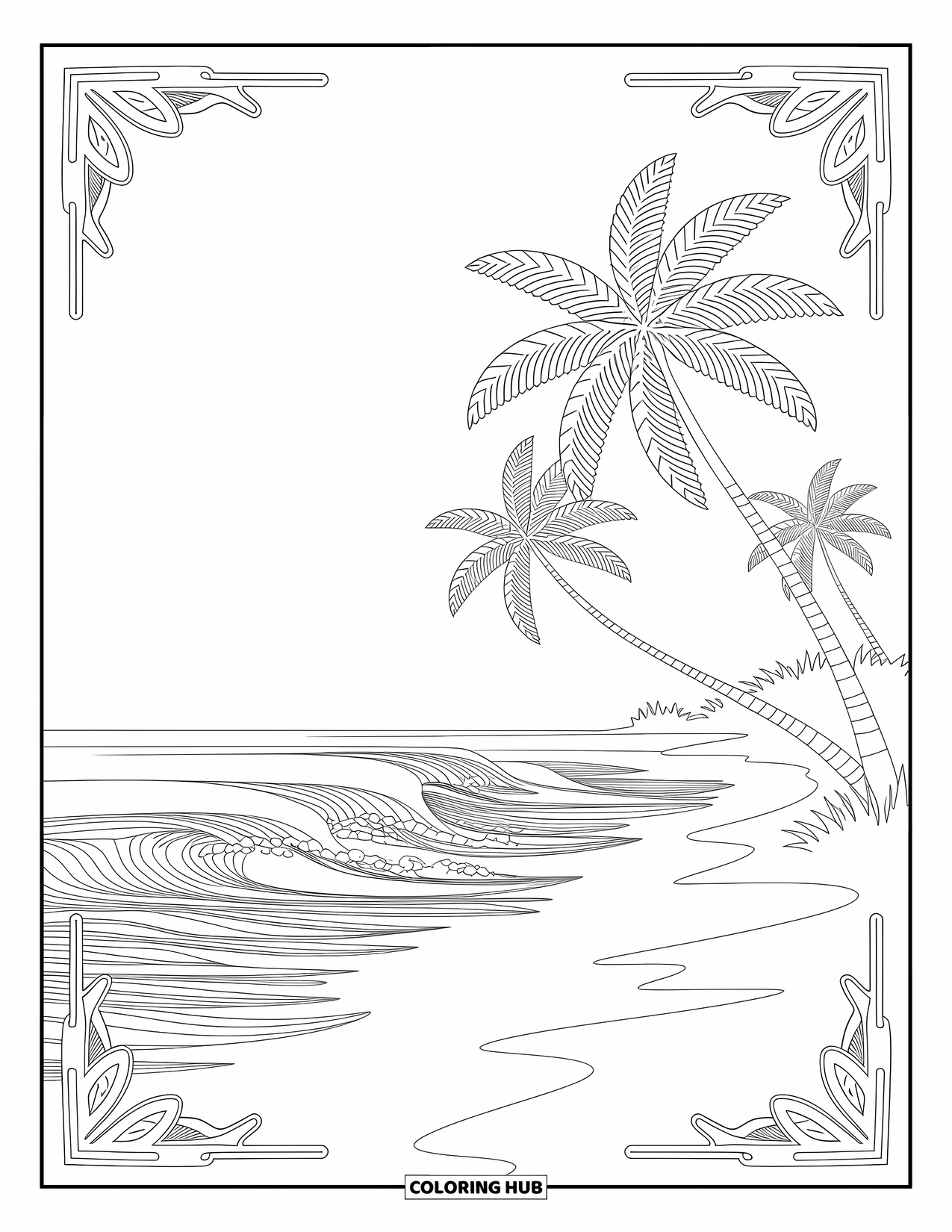 Hawaiian Coloring Page for Adults: Palm trees and waves on a serene Hawaiian beach