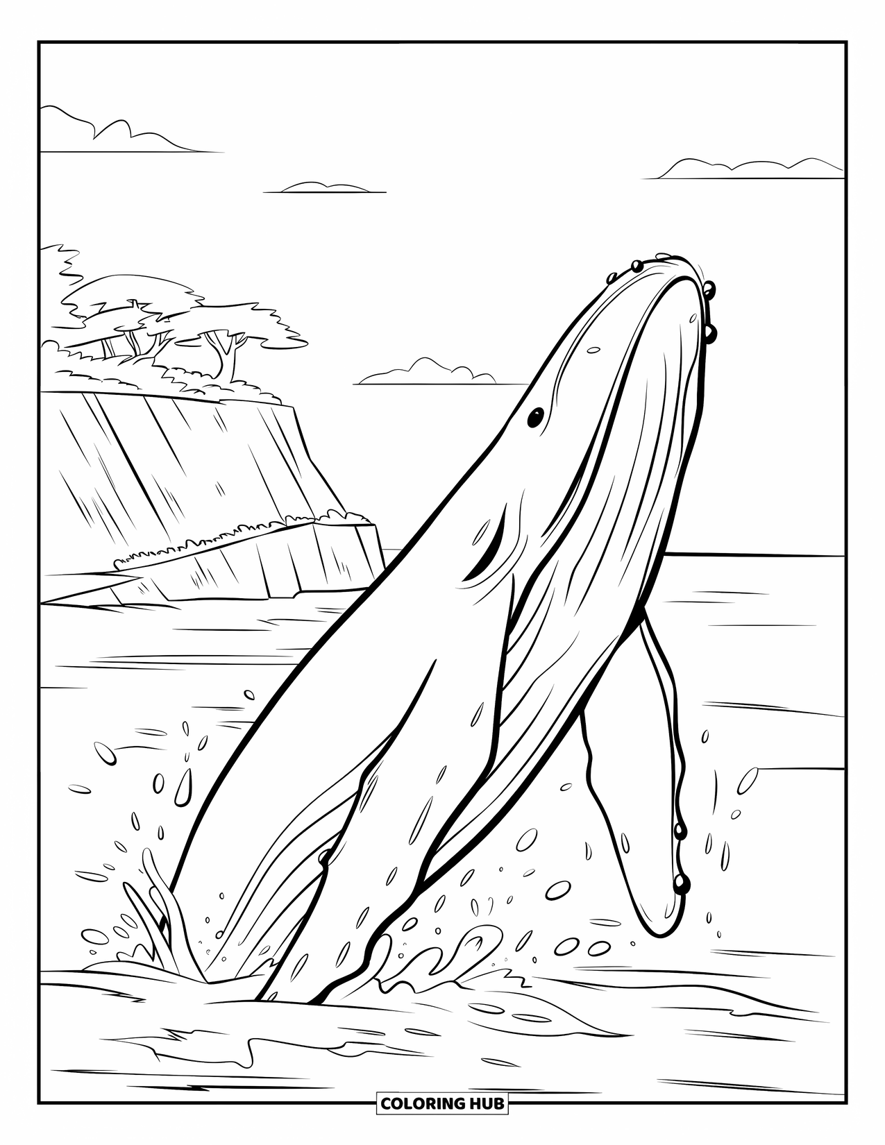 Hawaiian Coloring Page for Kids: A breaching whale near cliffs with splashing water
