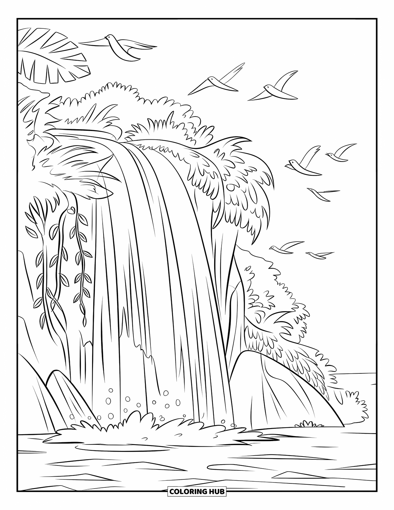 Hawaiian Coloring Page for Kids: A cascading waterfall with lush plants and birds flying above
