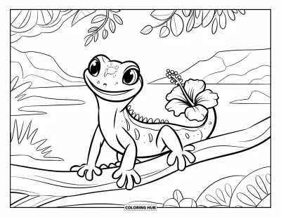 Hawaiisk fargeleggingsark for barn: En glad gekko med en blomst på halen