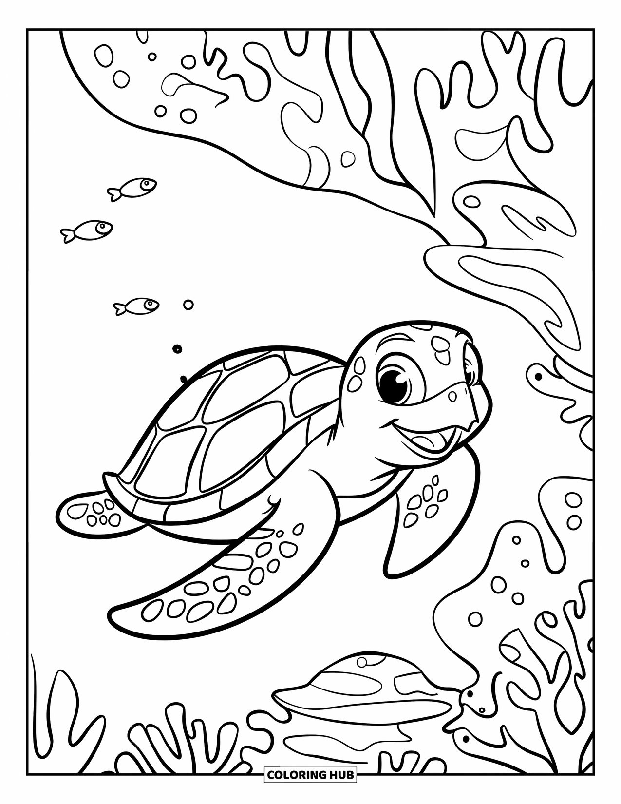 Hawaiian Coloring Page for Kids: A cheerful sea turtle swimming by a coral reef