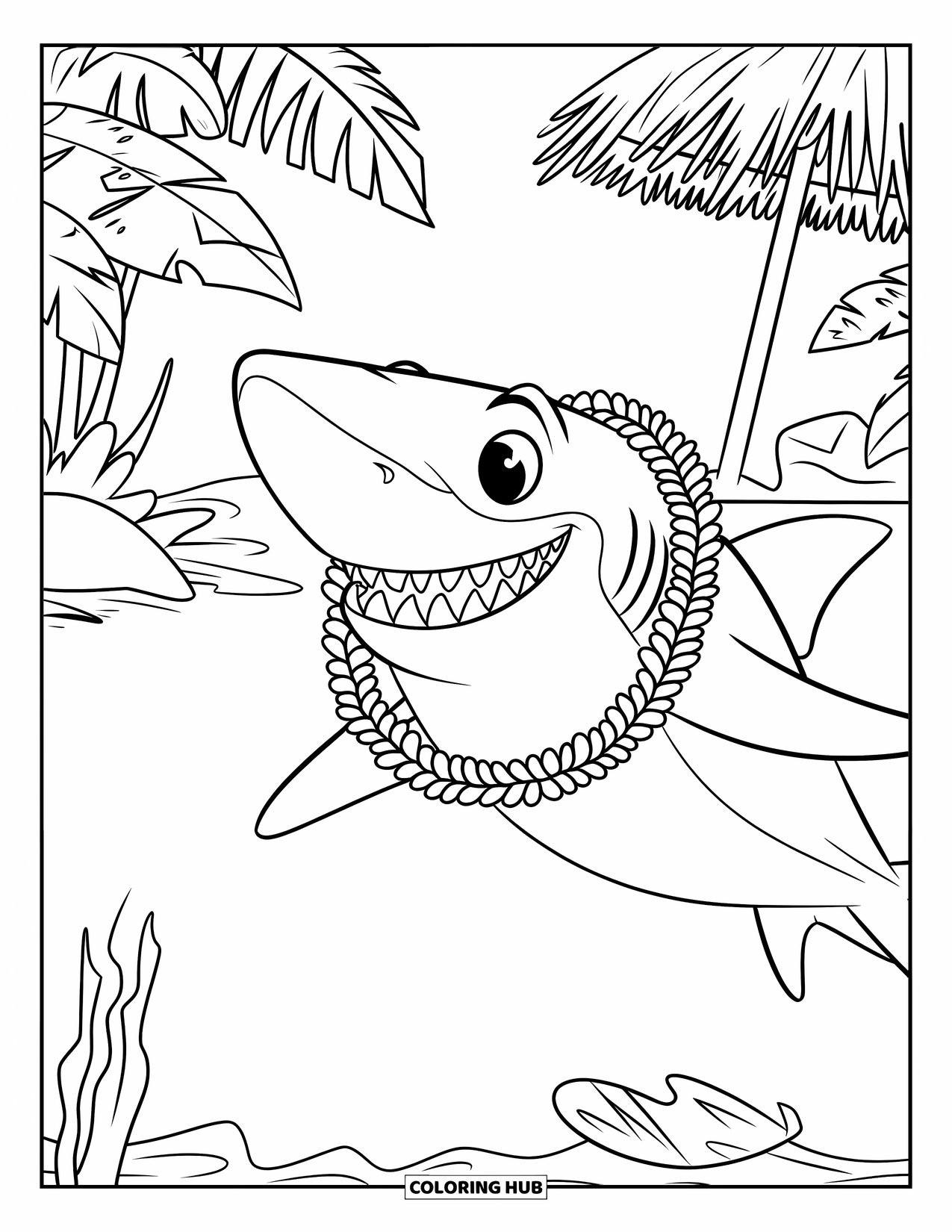 Hawaiian Coloring Page for Kids: A cheerful shark with a lei and waves around it