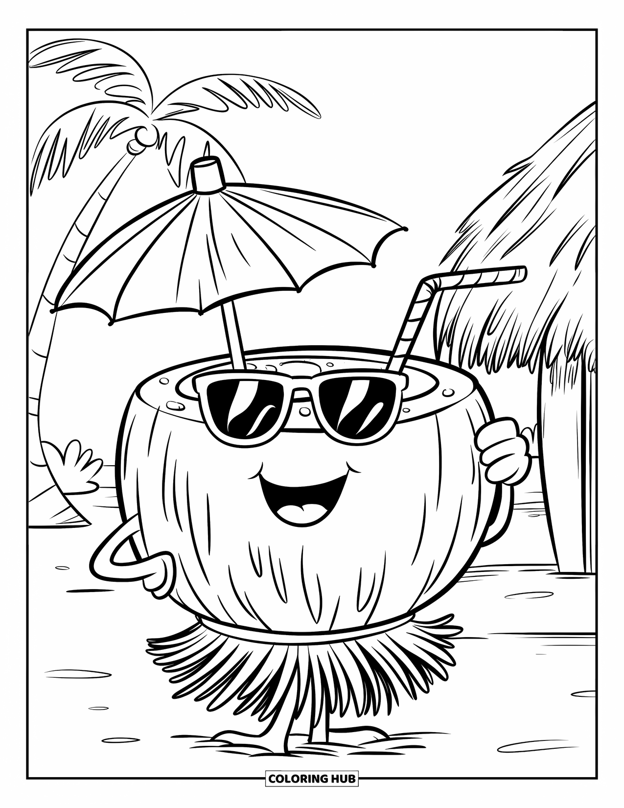 Hawaiian Coloring Page for Kids: A coconut drink wearing sunglasses with a little umbrella