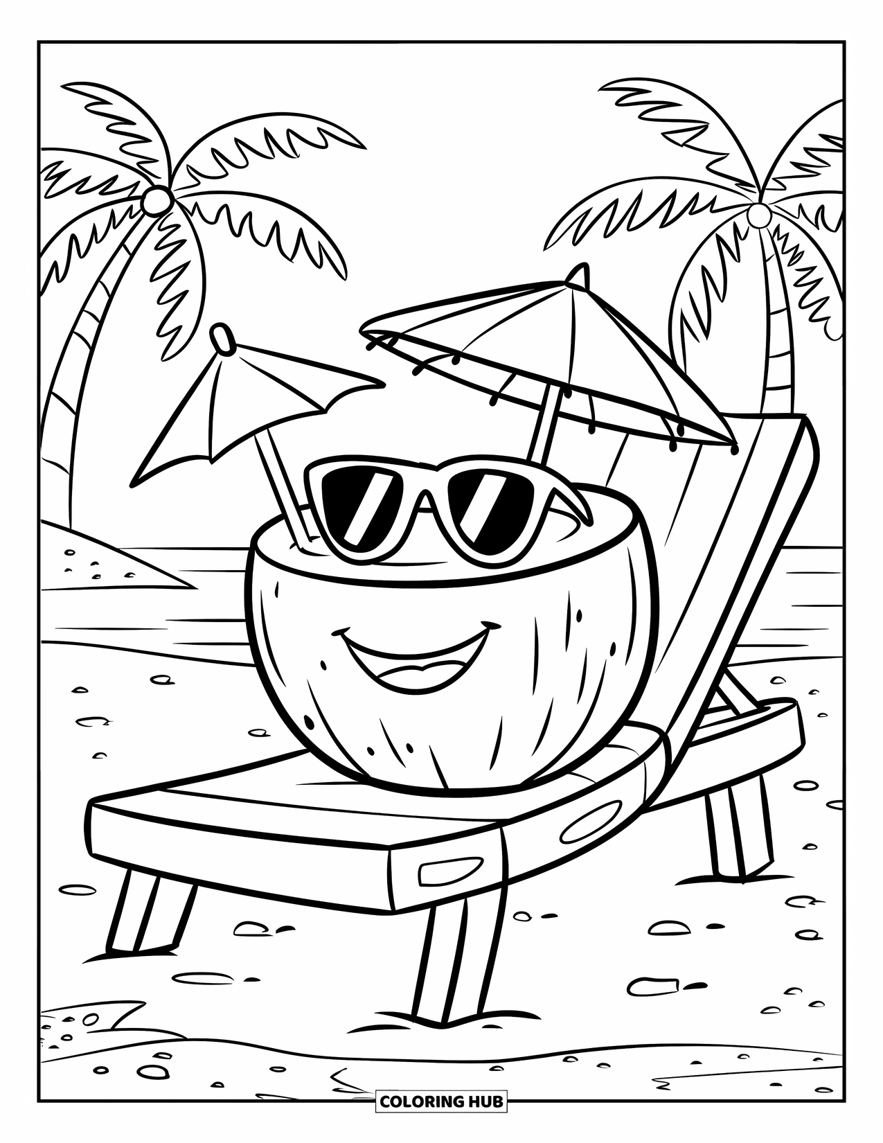 Hawaiian Coloring Page for Kids: A coconut drink with a straw and umbrella, looking happy
