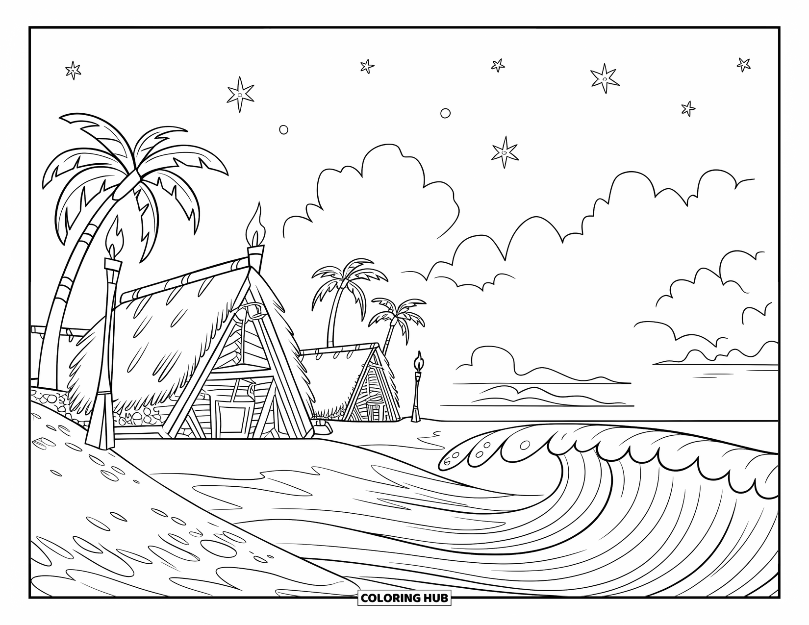 Hawaiian Coloring Page for Kids: A cozy Hawaiian village with thatched huts and torches by the ocean