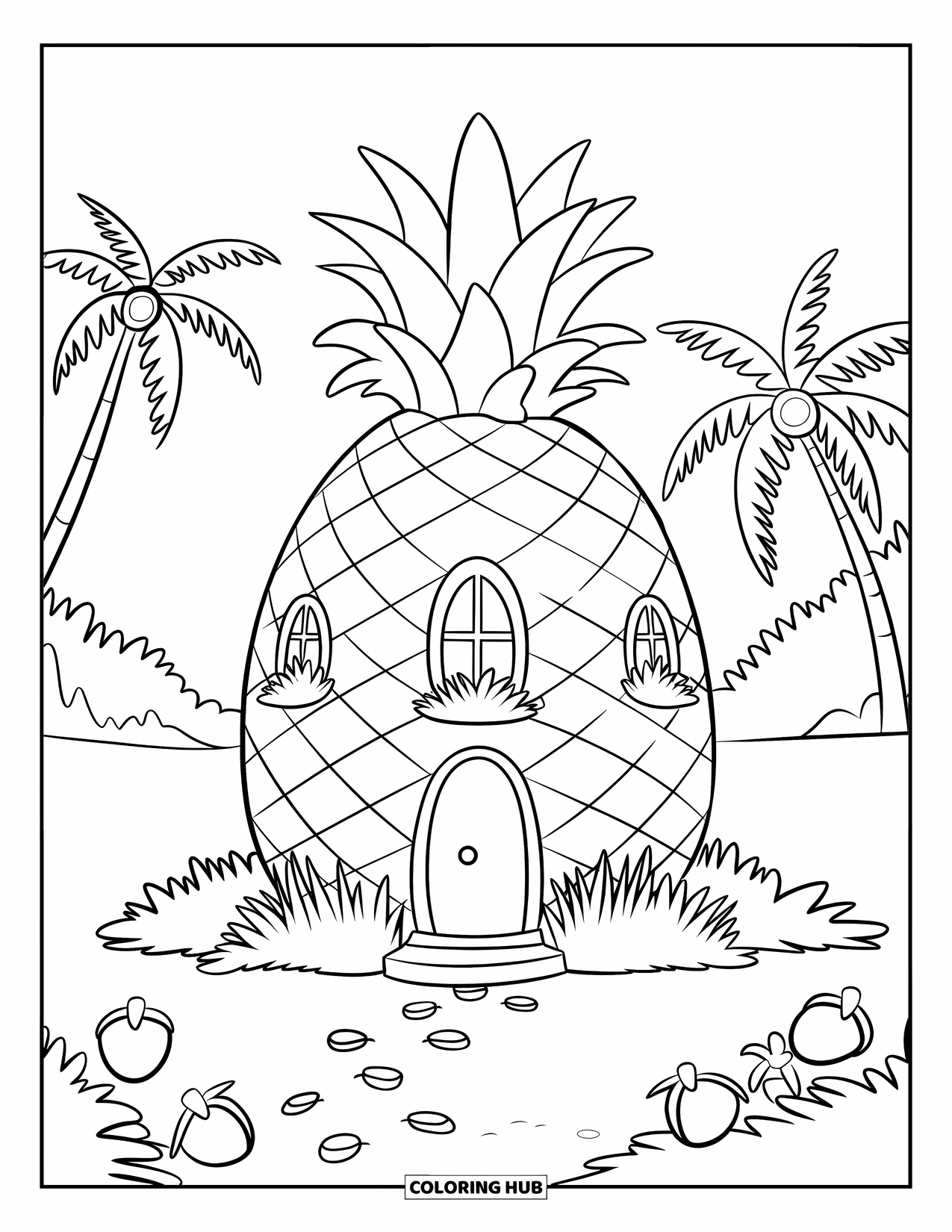Hawaiian Coloring Page for Kids: A cozy pineapple house with a thatched roof and palm trees nearby