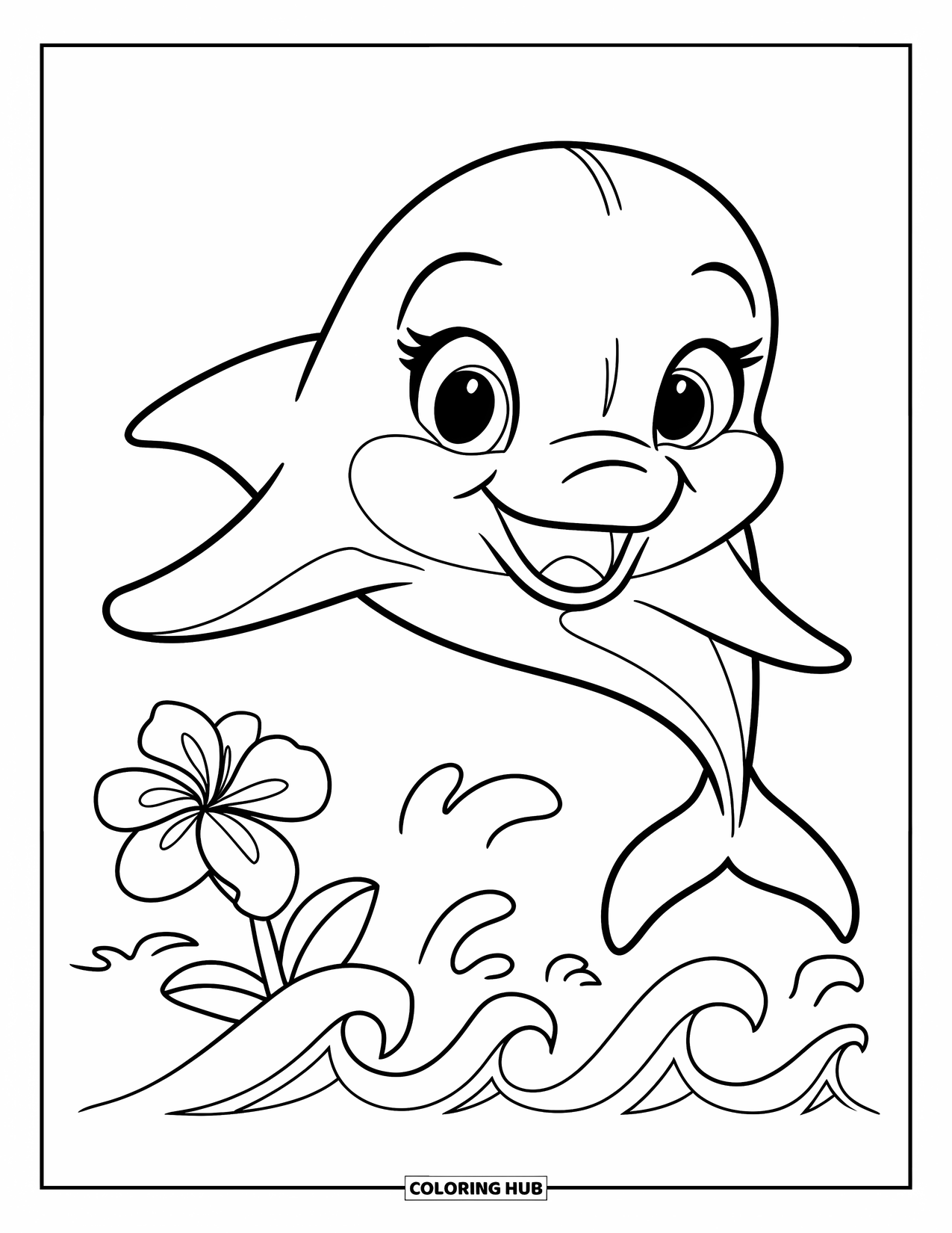 Hawaiian Coloring Page for Kids: A cute dolphin leaping over waves with a Hawaiian flower