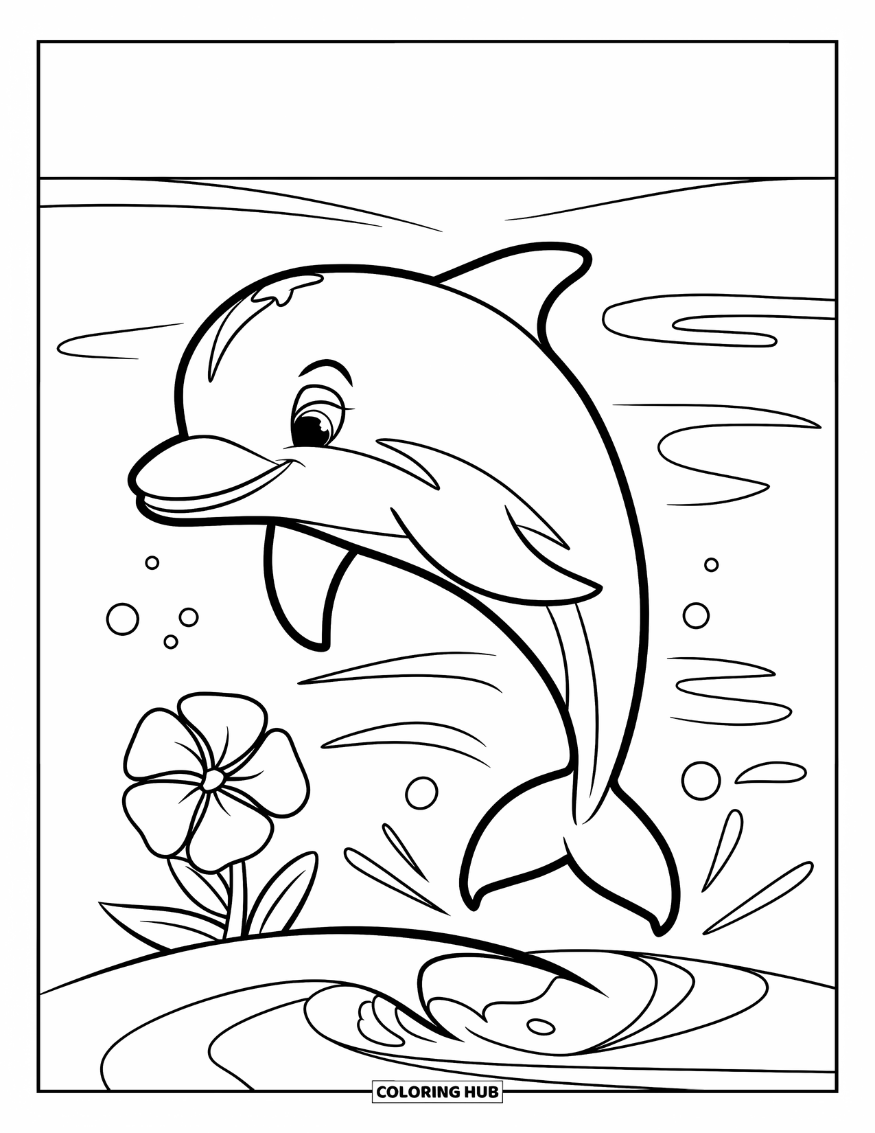 Hawaiian Coloring Page for Kids: A dolphin jumping over waves with a Hawaiian flower nearby