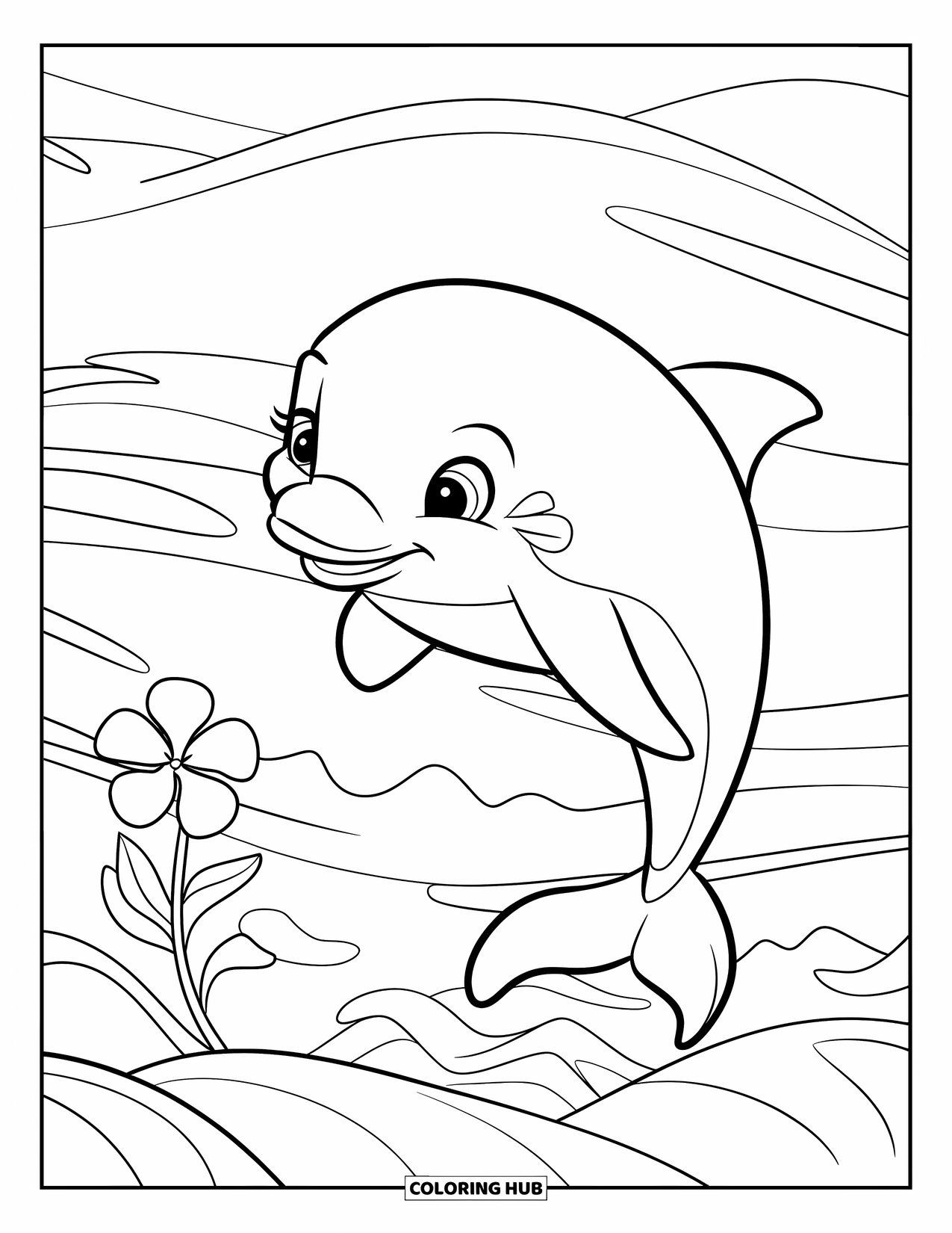 Hawaiian Coloring Page for Kids: A dolphin leaping over small waves with a Hawaiian flower