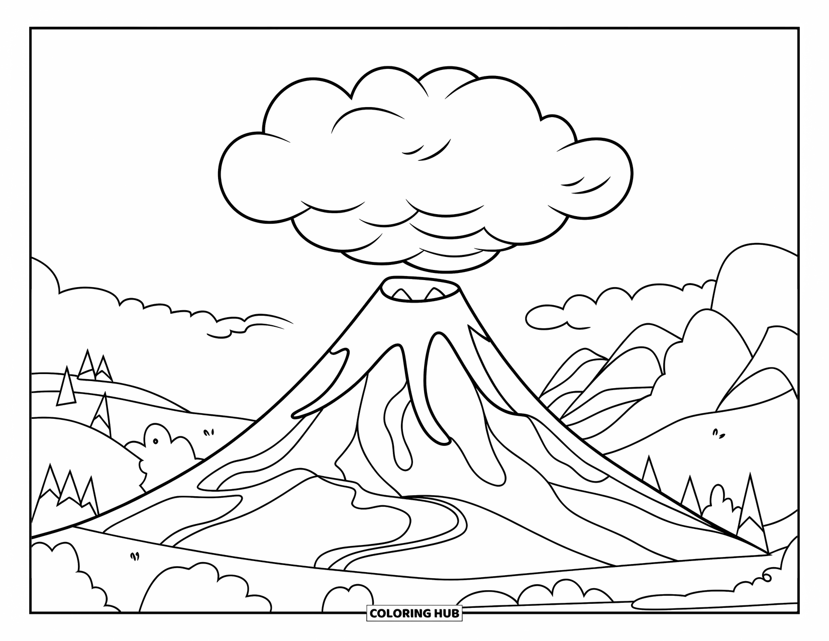 Hawaiian Coloring Page for Kids: A fluffy cloud over a gently erupting volcano