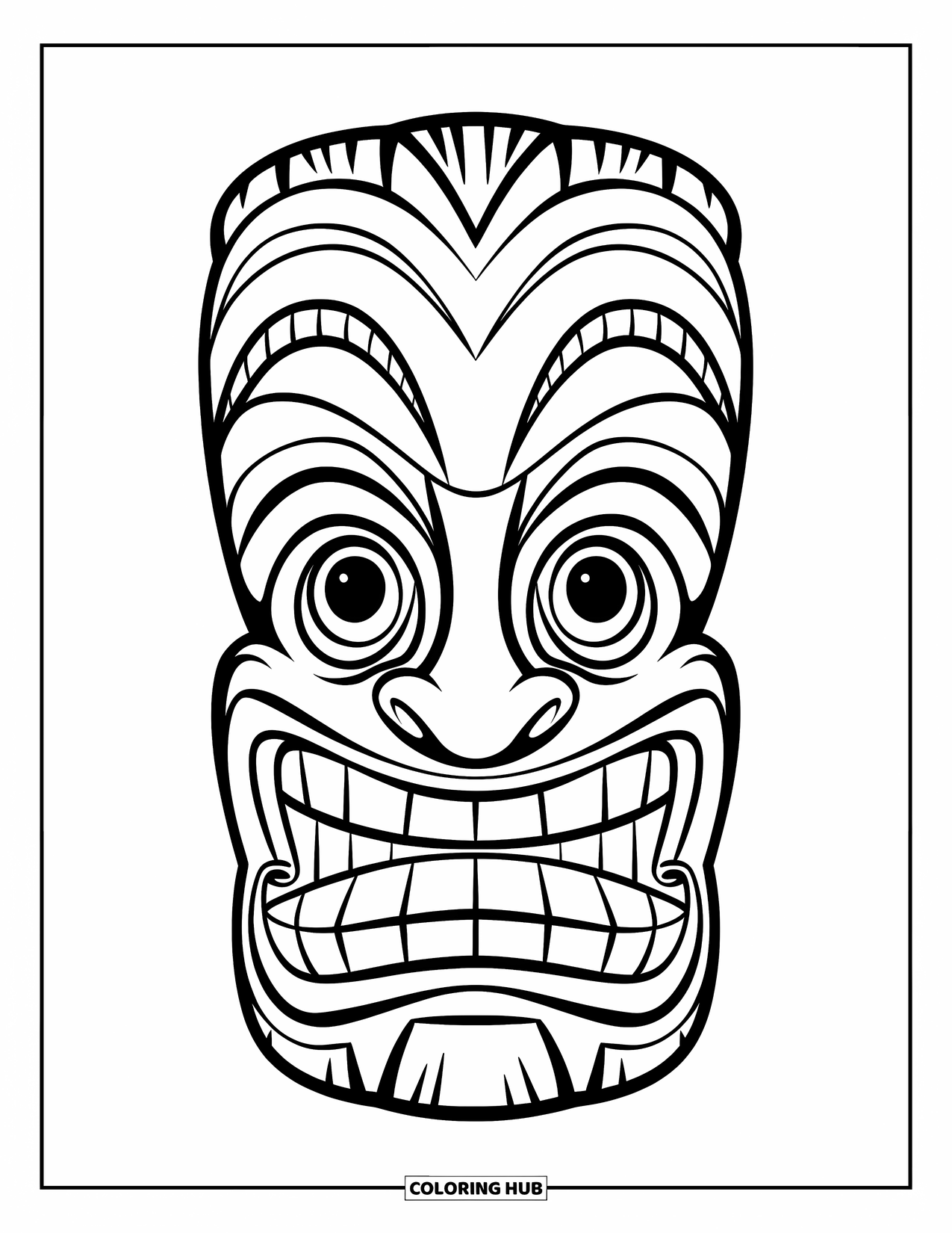 Hawaiian Coloring Page for Kids: A friendly tiki mask with a wide smile and bold lines