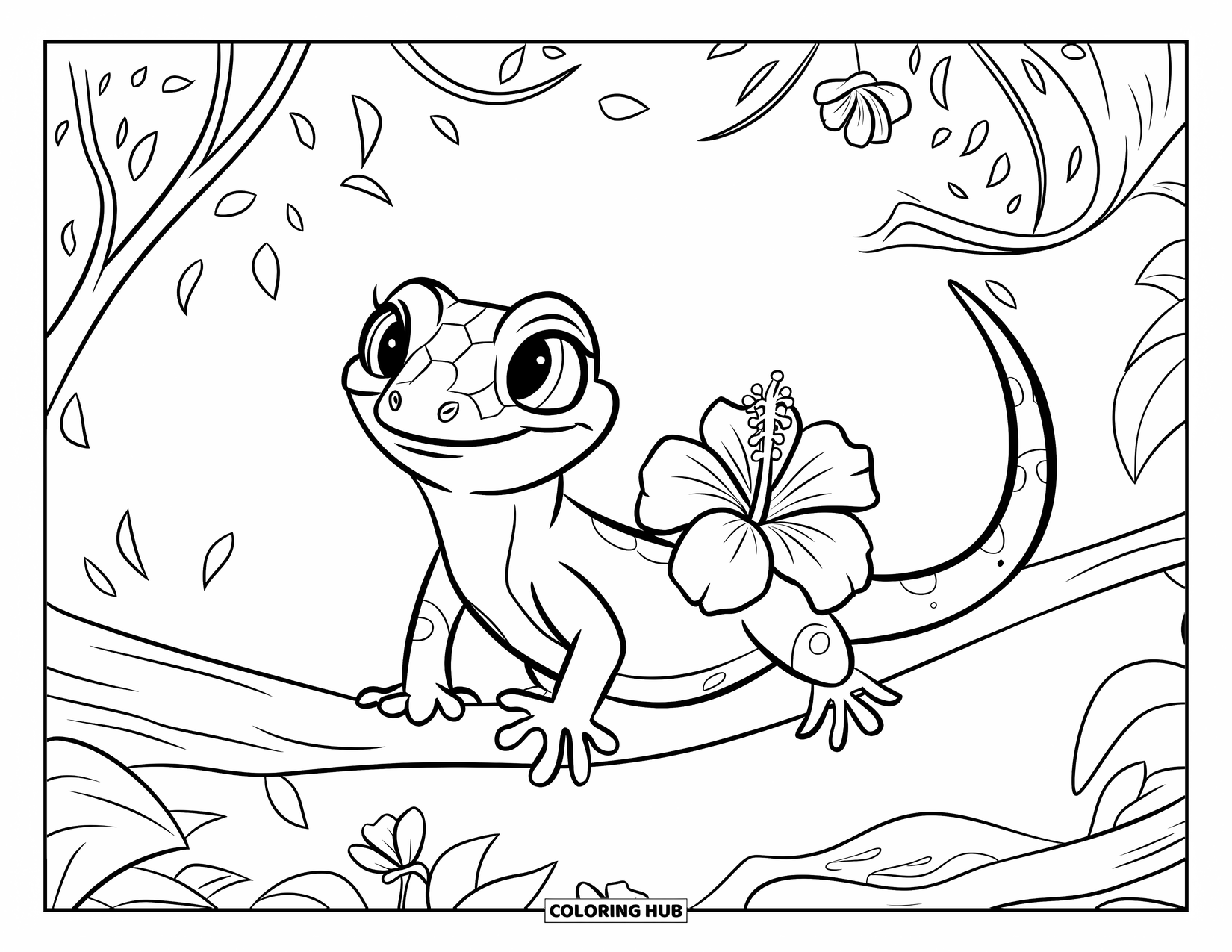 Hawaiian Coloring Page for Kids: A gecko on a branch with a flower on its tail