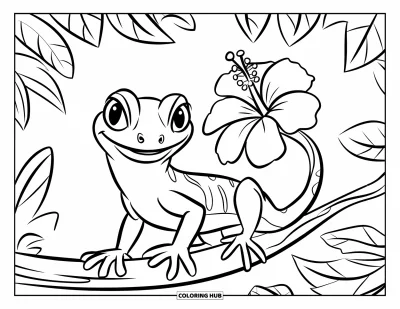 Hawaiisk fargeleggingsark for barn: En gekko med en hibiskusblomst på halen som sitter på et blad