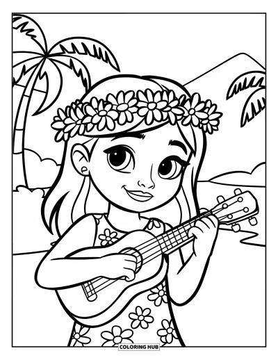 Hawaiisk fargeleggingsark for barn: En jente med blomsterkrans og ukulele i tropiske omgivelser