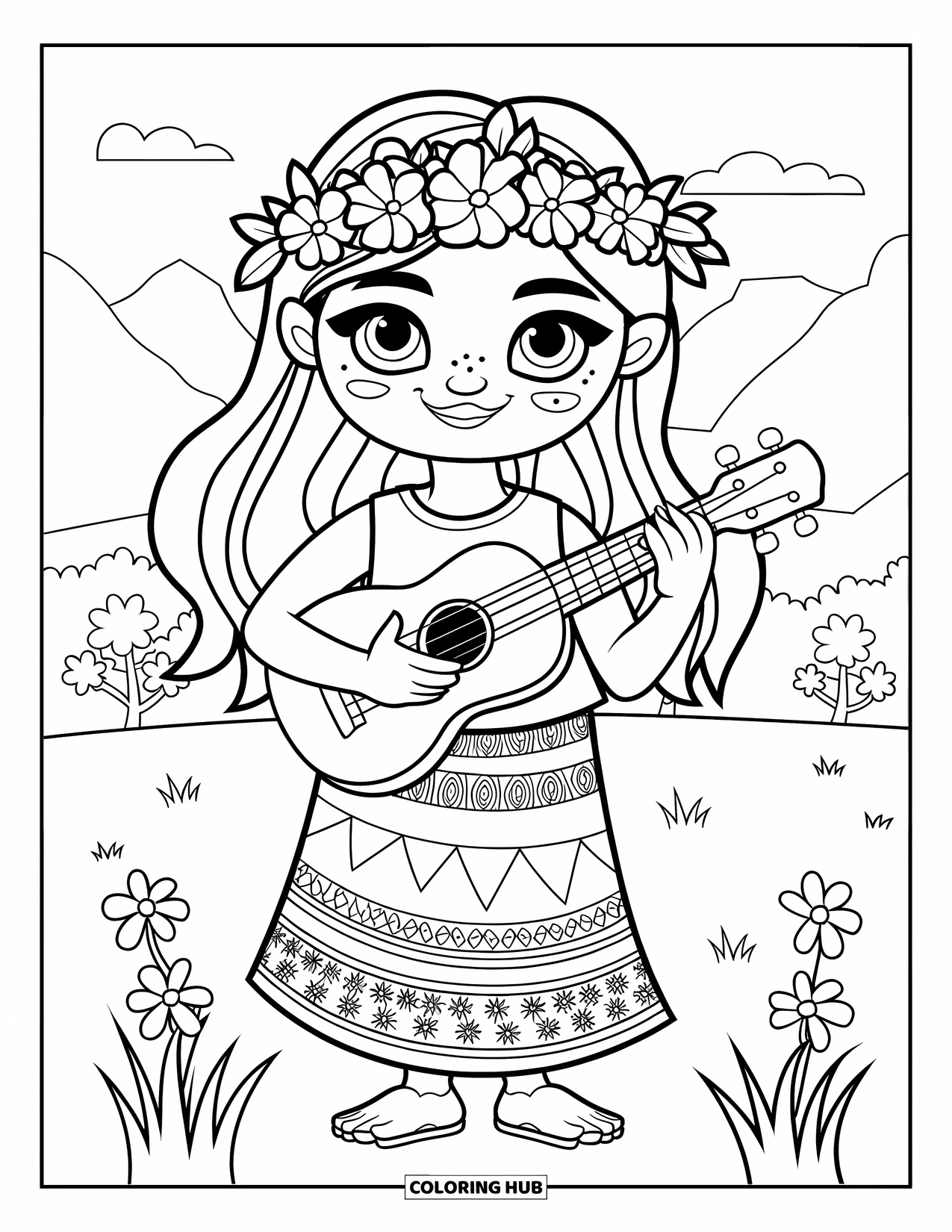 Hawaiian Coloring Page for Kids: A girl with a ukulele, flower crown, and tropical flowers around her