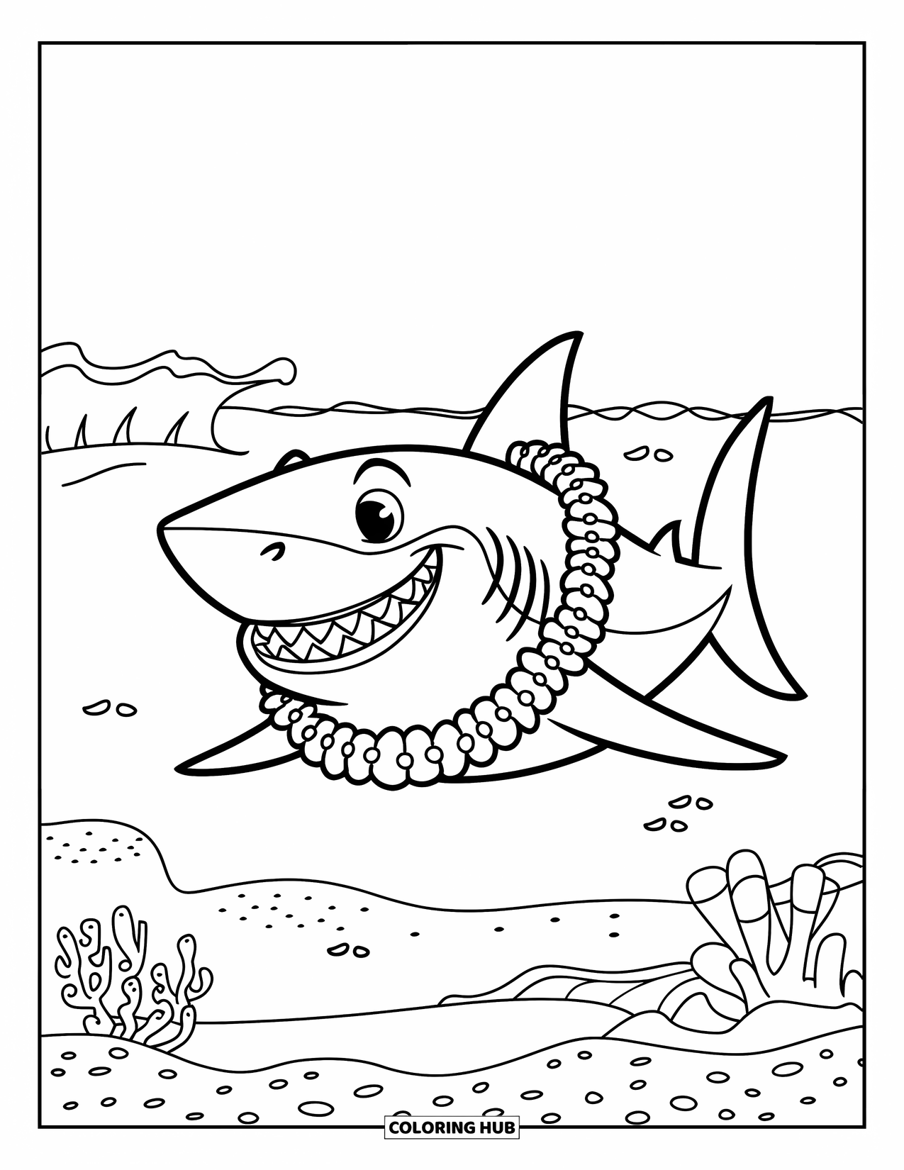Hawaiian Coloring Page for Kids: A grinning shark with a Hawaiian lei swimming in the ocean