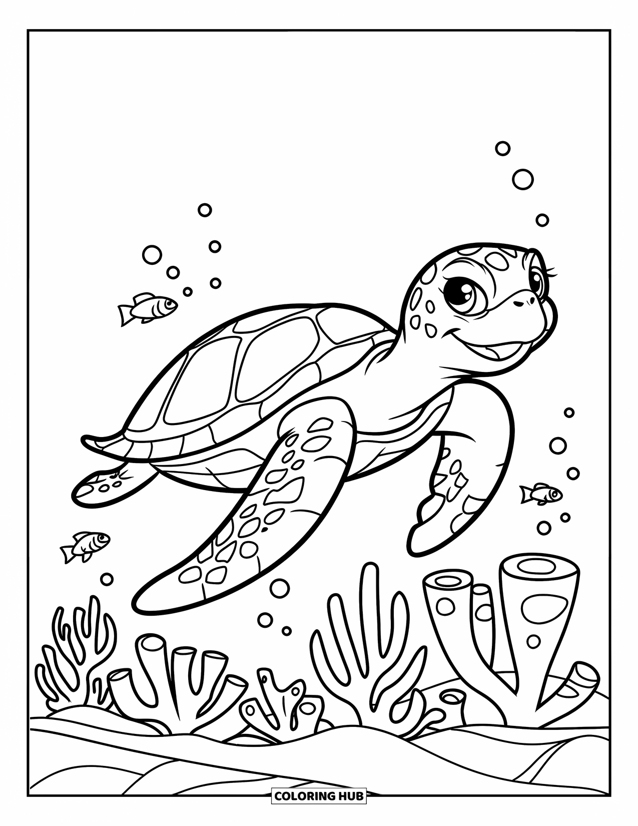 Hawaiian Coloring Page for Kids: A happy sea turtle swimming by a Hawaiian coral reef