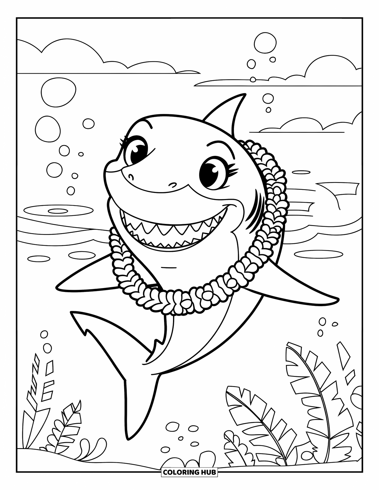 Hawaiian Coloring Page for Kids: A happy shark with a lei, bubbles, and tropical plants