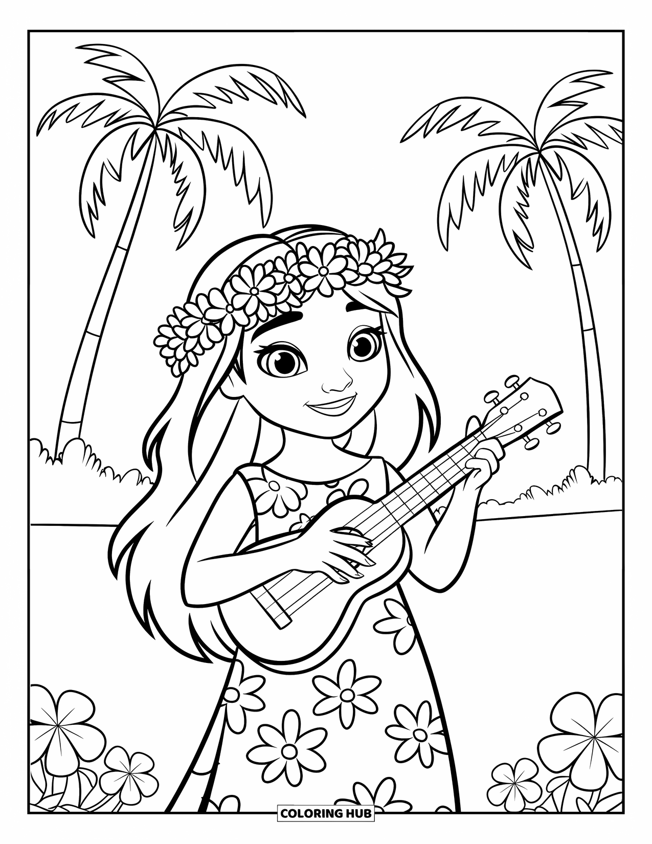 Hawaiian Coloring Page for Kids: A Hawaiian girl with a floral dress and ukulele