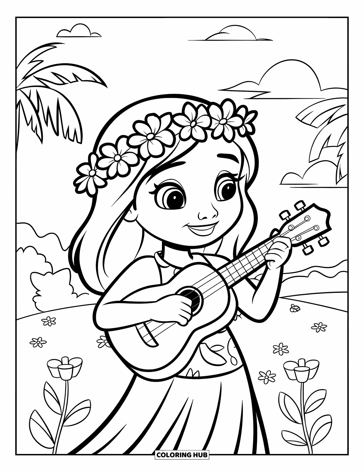Hawaiian Coloring Page for Kids: A Hawaiian girl with a flower crown playing a ukulele